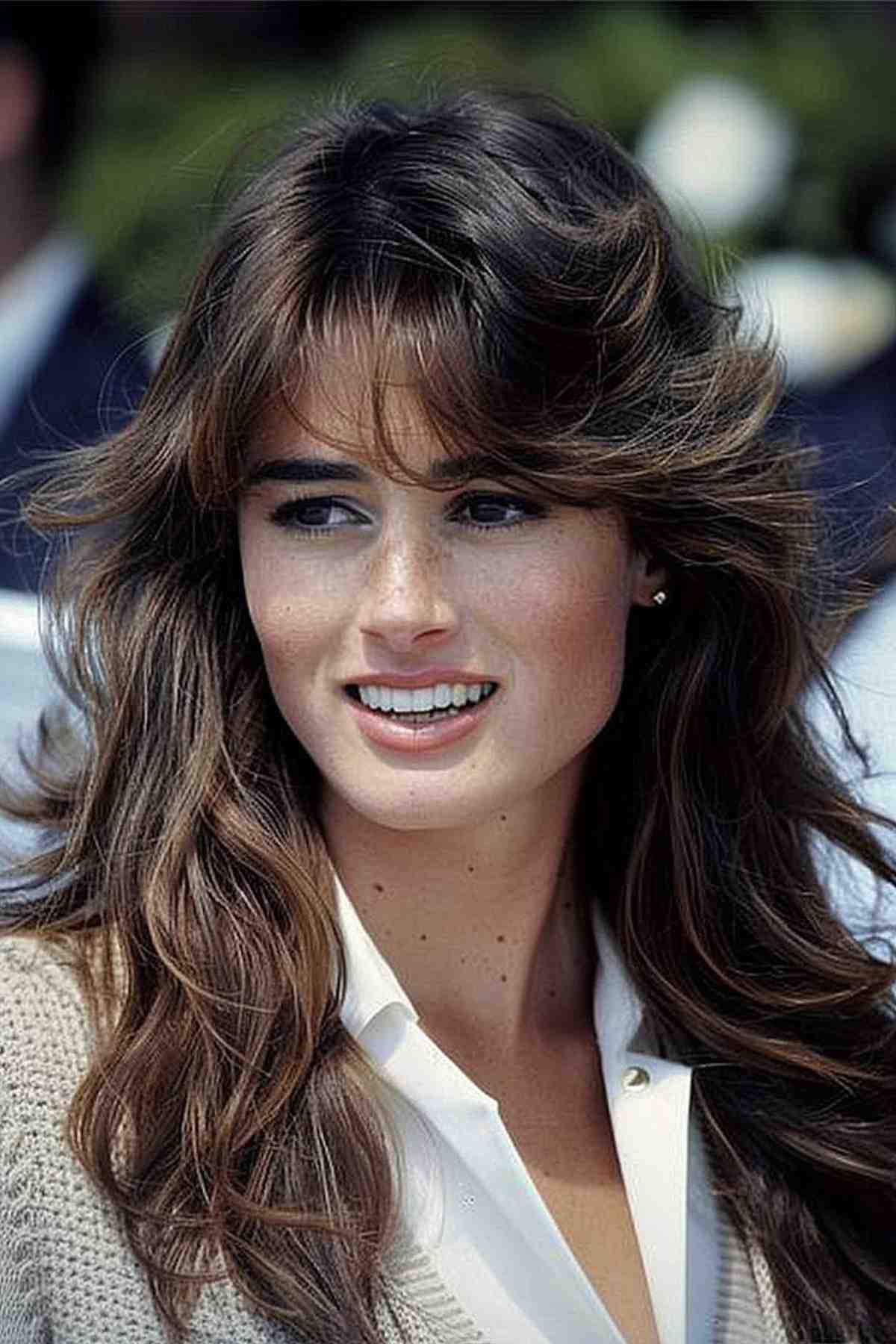 Long, sun-kissed balayage feathered bangs suited for oval face shapes, embodying the charm of the '90s.