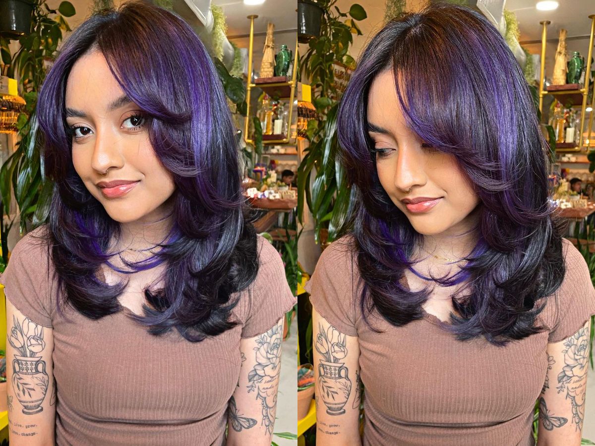 Mid-Length Hair Featuring Feathered Layers with a Subtle Purple Tint