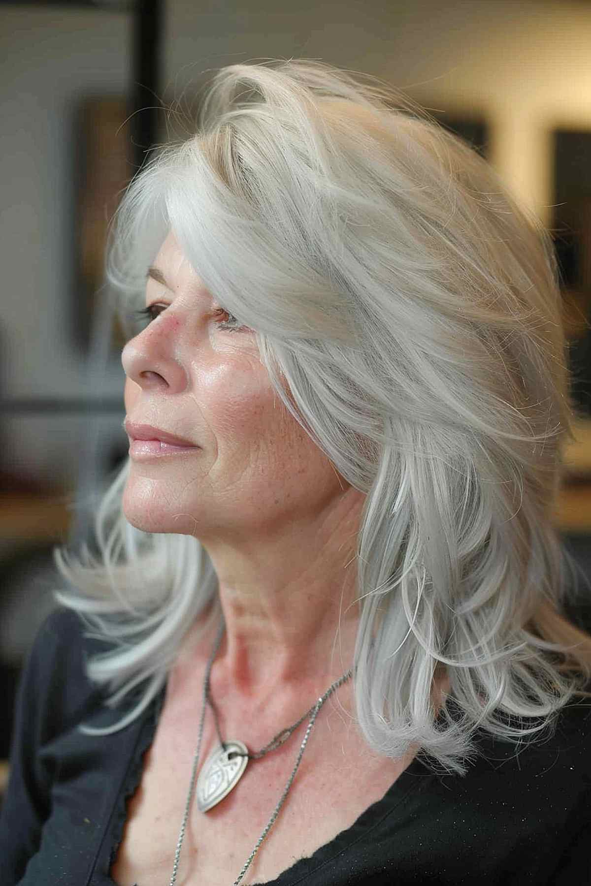 Mid-length feathery shag hairstyle suitable for women over 50 with fine hair.