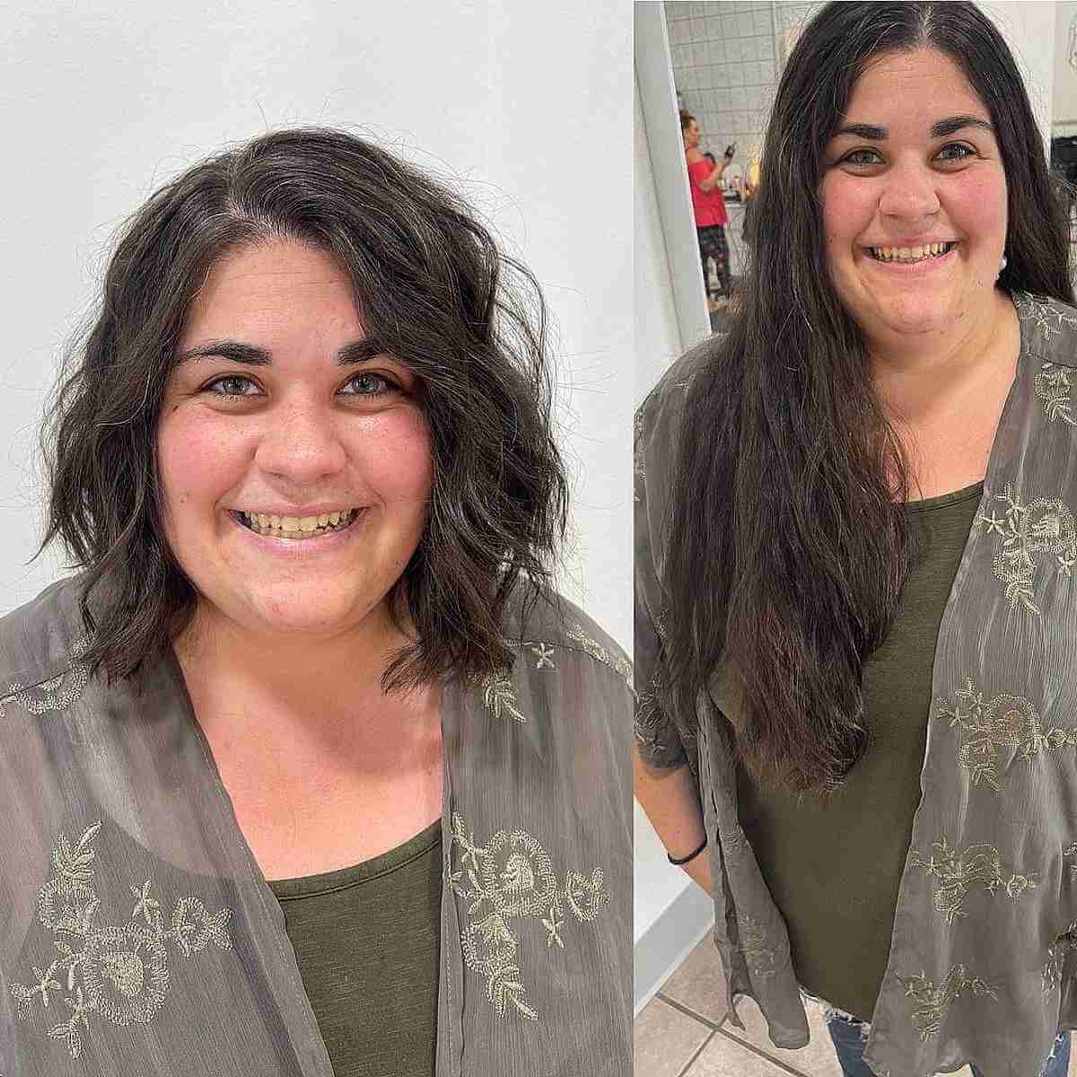 Feathery Brunette Lob with a Side Part for Round Faces