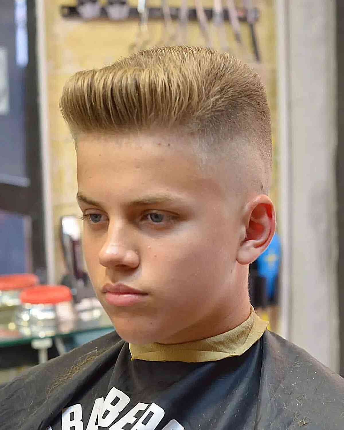 Flat Top with Skin Fade for Boys featuring short blonde hair
