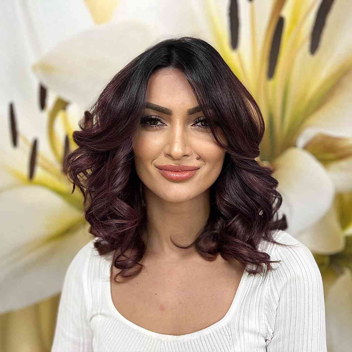 Medium Flawless Burgundy Brunette Curled Tips for Square Faces
