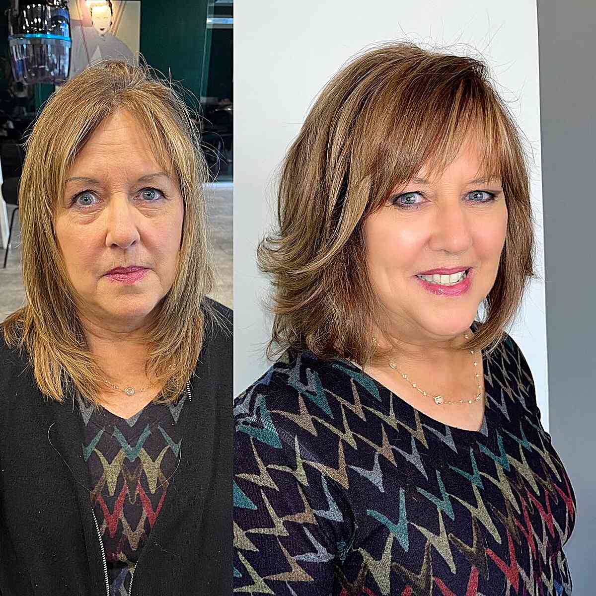 Flowing Fringe on a Shaggy Bob Haircut for Fine-Haired Women Aged 50