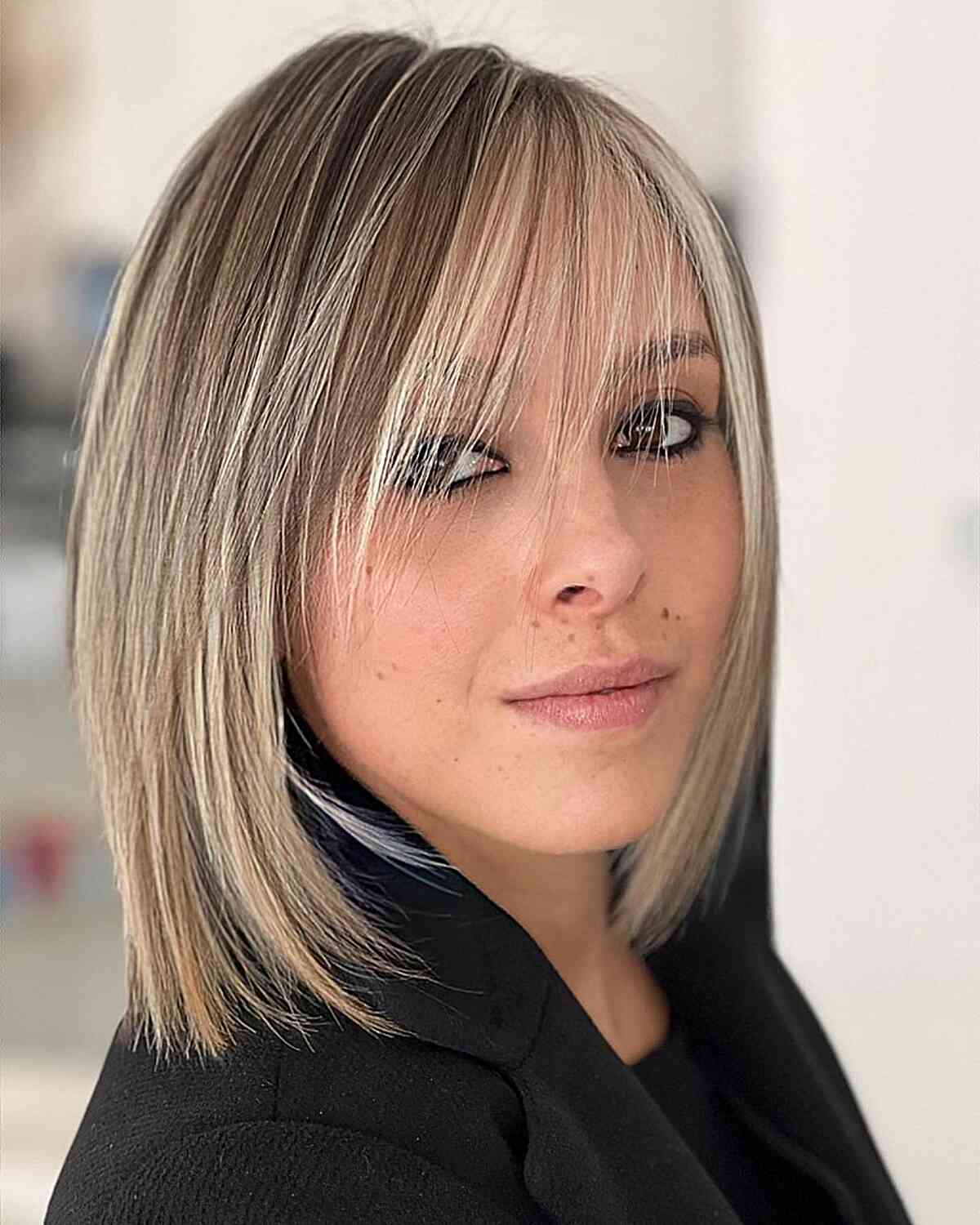 Flowing Wispy Bangs on a Long Bob for women with fine hair and balayage
