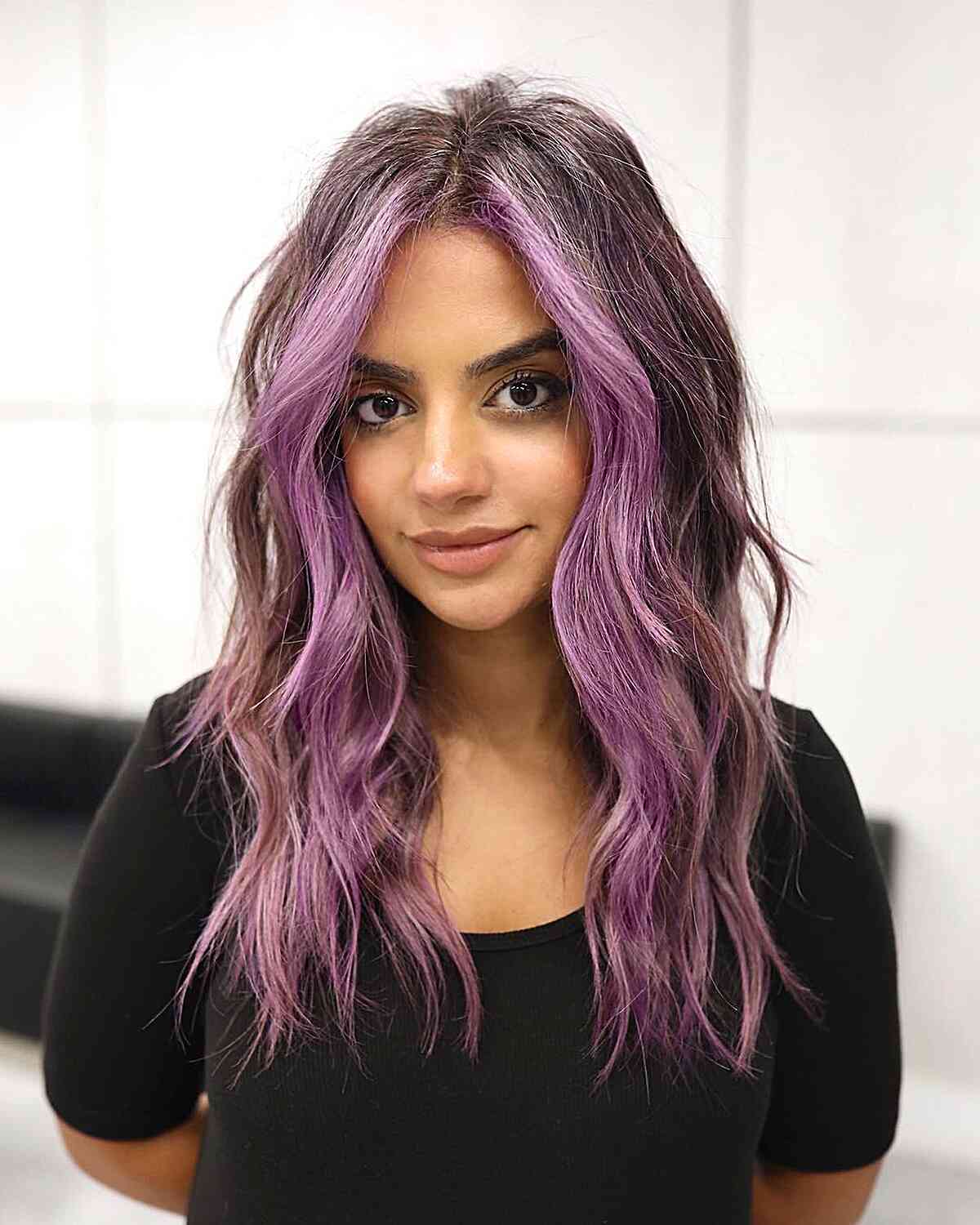 Framing your face with purple balayage hair color