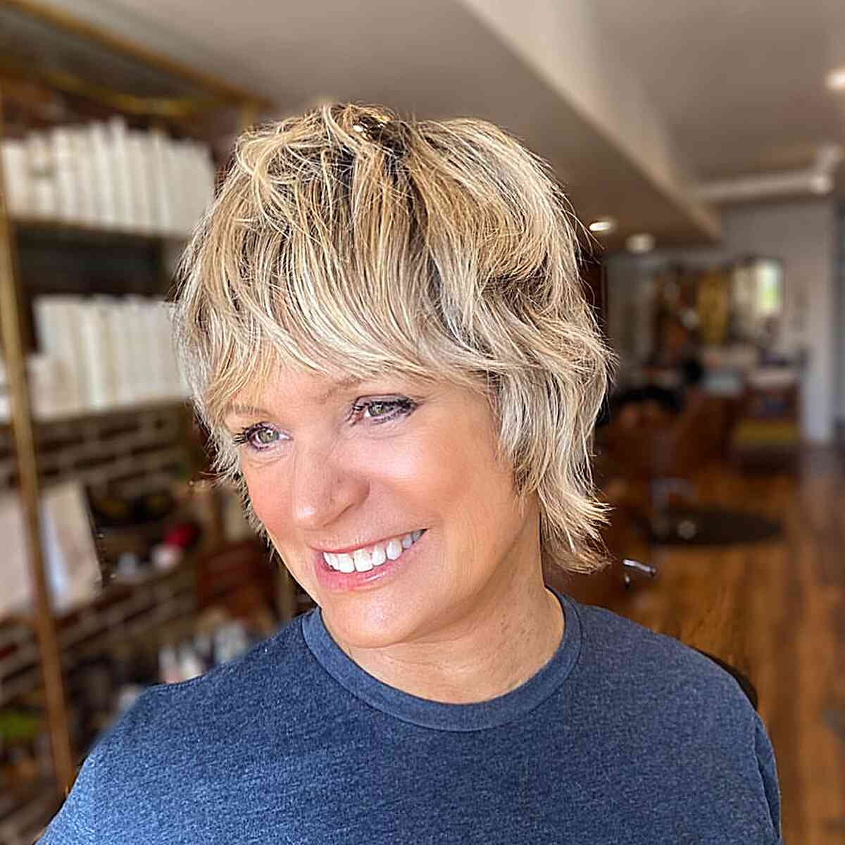 Easy-to-Wear Gentle Blonde Baby Shag with Fringe for Mature Women Aged Fifty