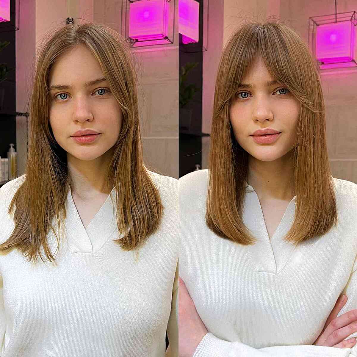 Gentle Curtain Fringe on a Medium-Length Hair for women with straight hair