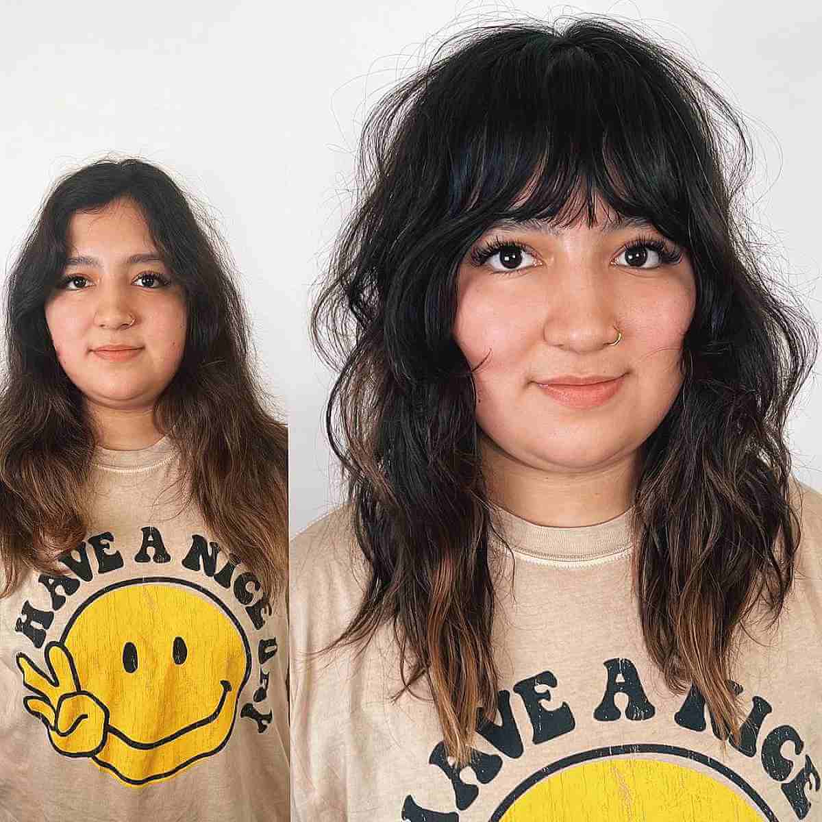 Gentle Messy Medium Shag with Brow-Length Bangs for Round Faces