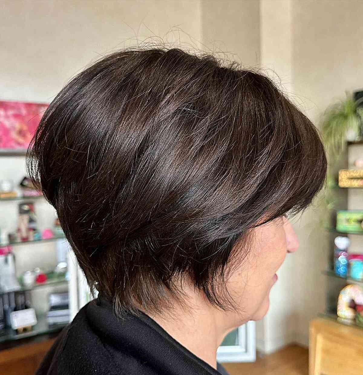 Gentle Razor Cut Pixie Bob on Older Women's Brunette Hair