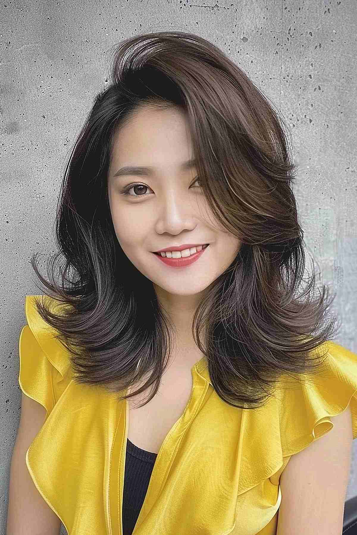 Gentle voluminous cut for medium-length hair featuring soft layers.