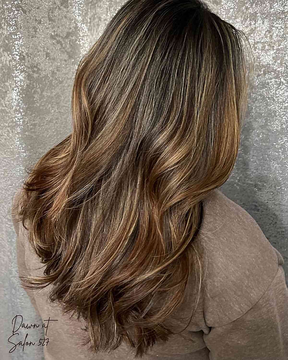 Shadow-Rooted Glistening Blonde Caramel Highlights on Deep Brunette with Thick Hair