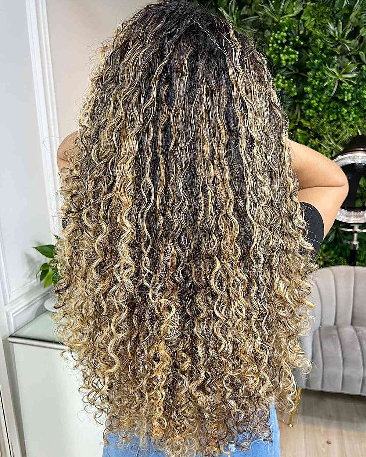Golden Blonde Balayage Highlights for Waist-Length Long Dark Curls