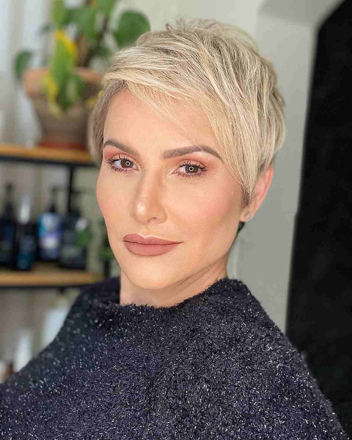 Golden Blonde Pixie with Fringed Bangs for Women 40 and Over