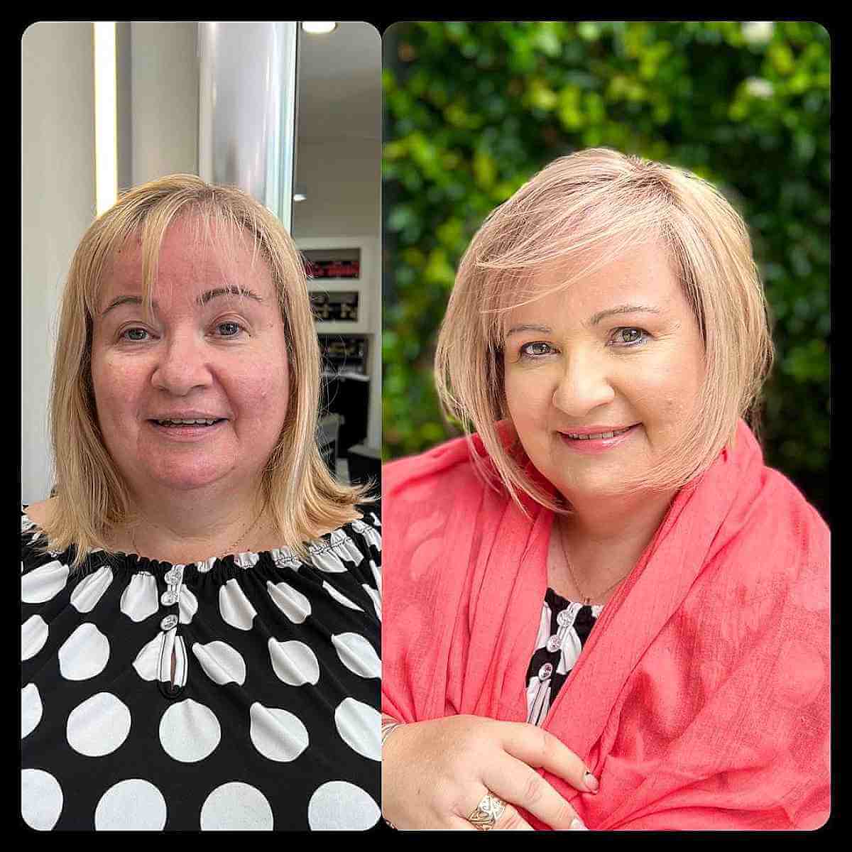 Golden Face-Framing Layers with Side-Swept Bangs for Plus-Sized Women Over 60