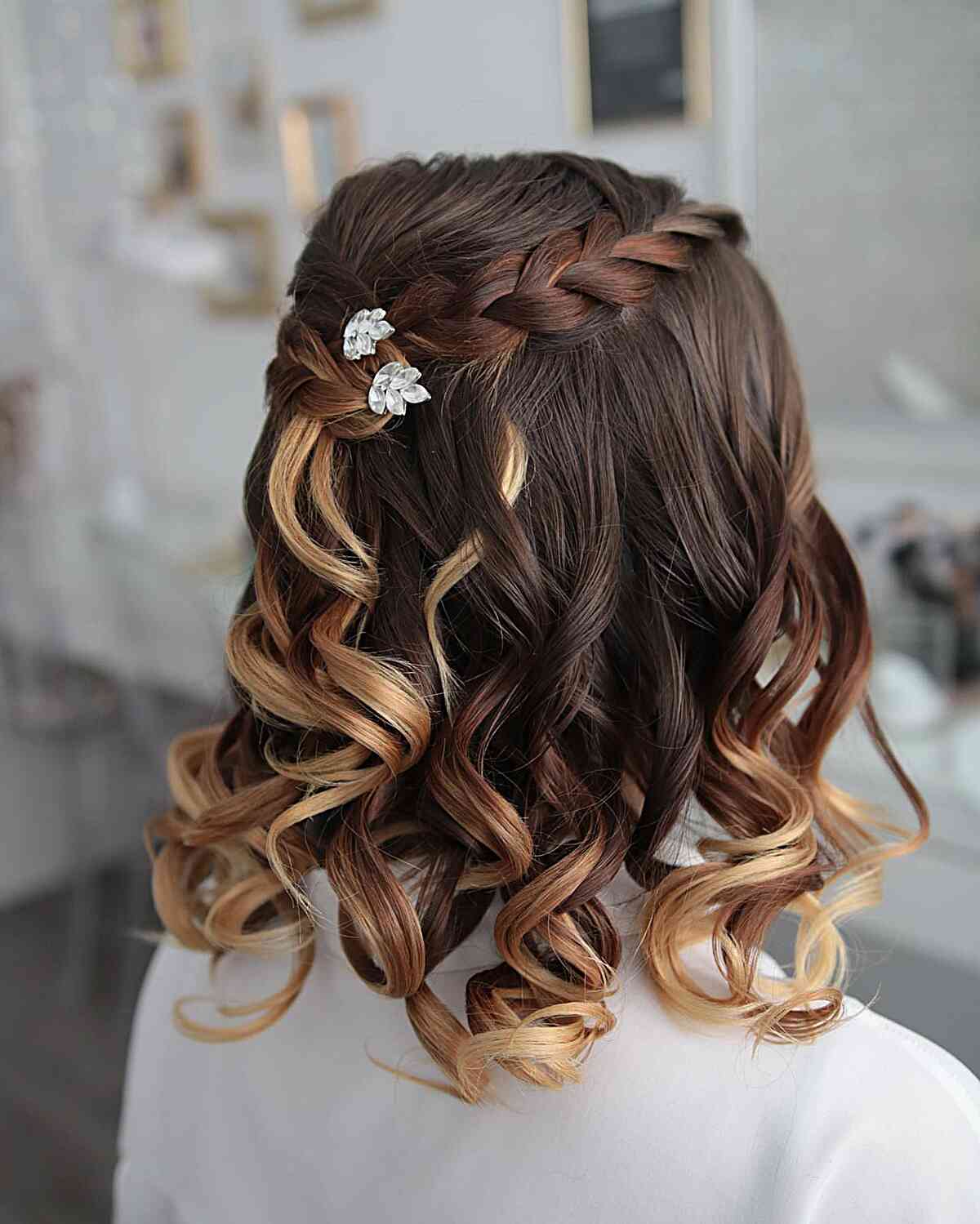 Mid-Length Half Braided Hairstyle on Highlighted Tresses for Prom