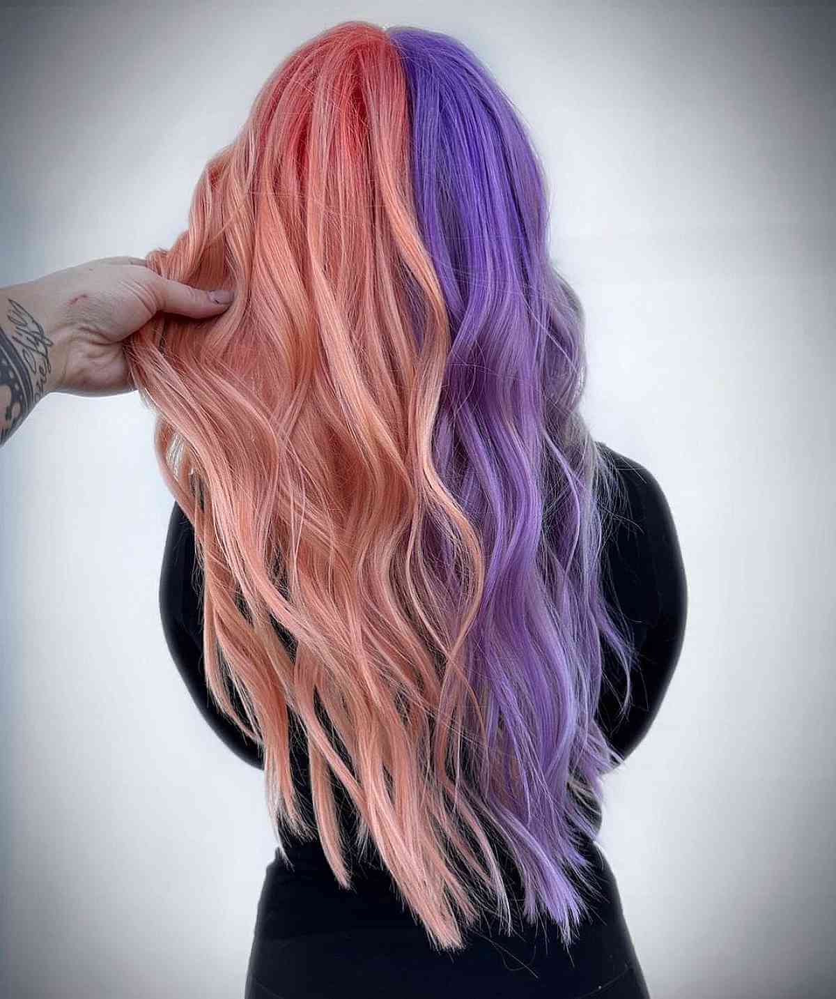 Half Pastel Peach and Half Purple Hair Color Inspiration