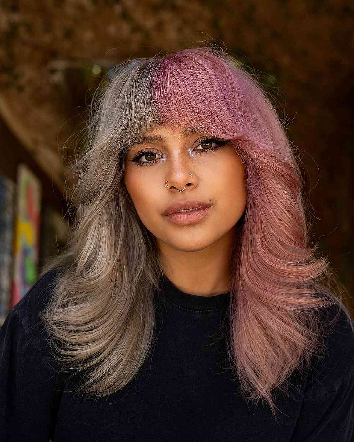 Mid-Length Half Pink and Half Silver Shag with Bangs