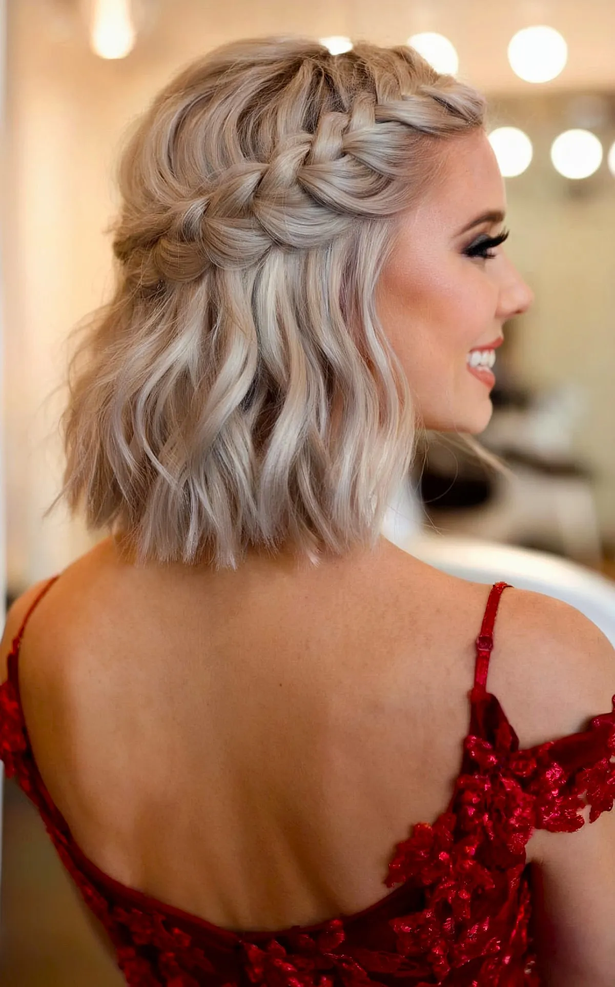 Half-Up Braid on a Wavy Blunt Bob Featuring Thick and Dimensional Grey Hair