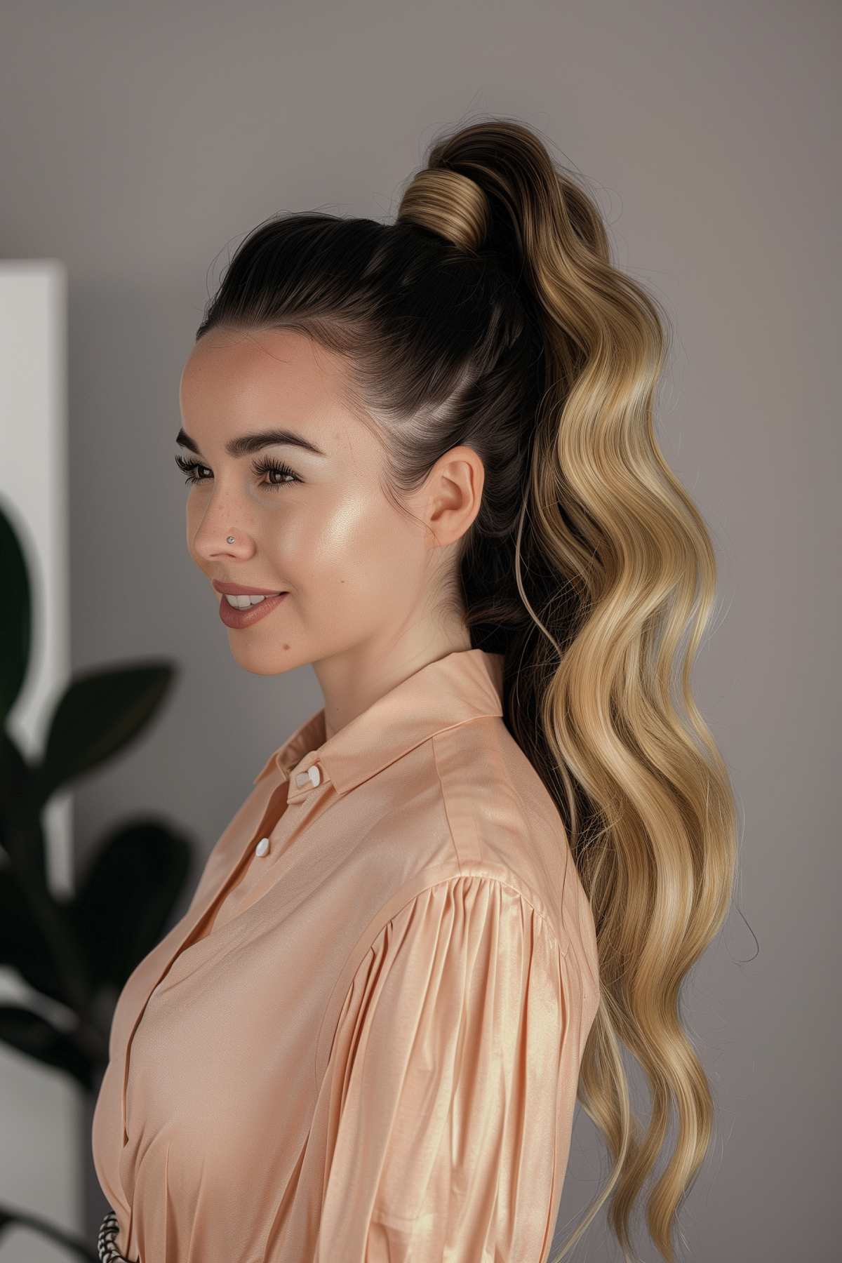 Woman sporting an 80s-style high ponytail complemented by luscious waves