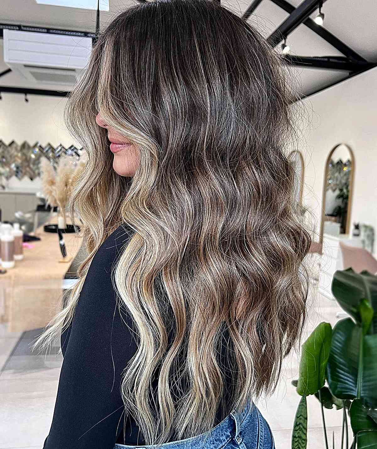 Long Honey Espresso Hair with Blonde Face-Framing Balayage Highlights Featuring Choppy Ends