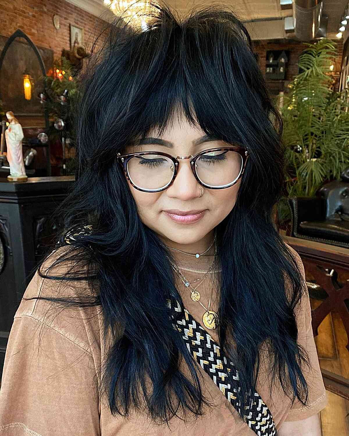 Jet Black Face-Framing Lush Long Shag with Edgy Fringe for Women with Glasses