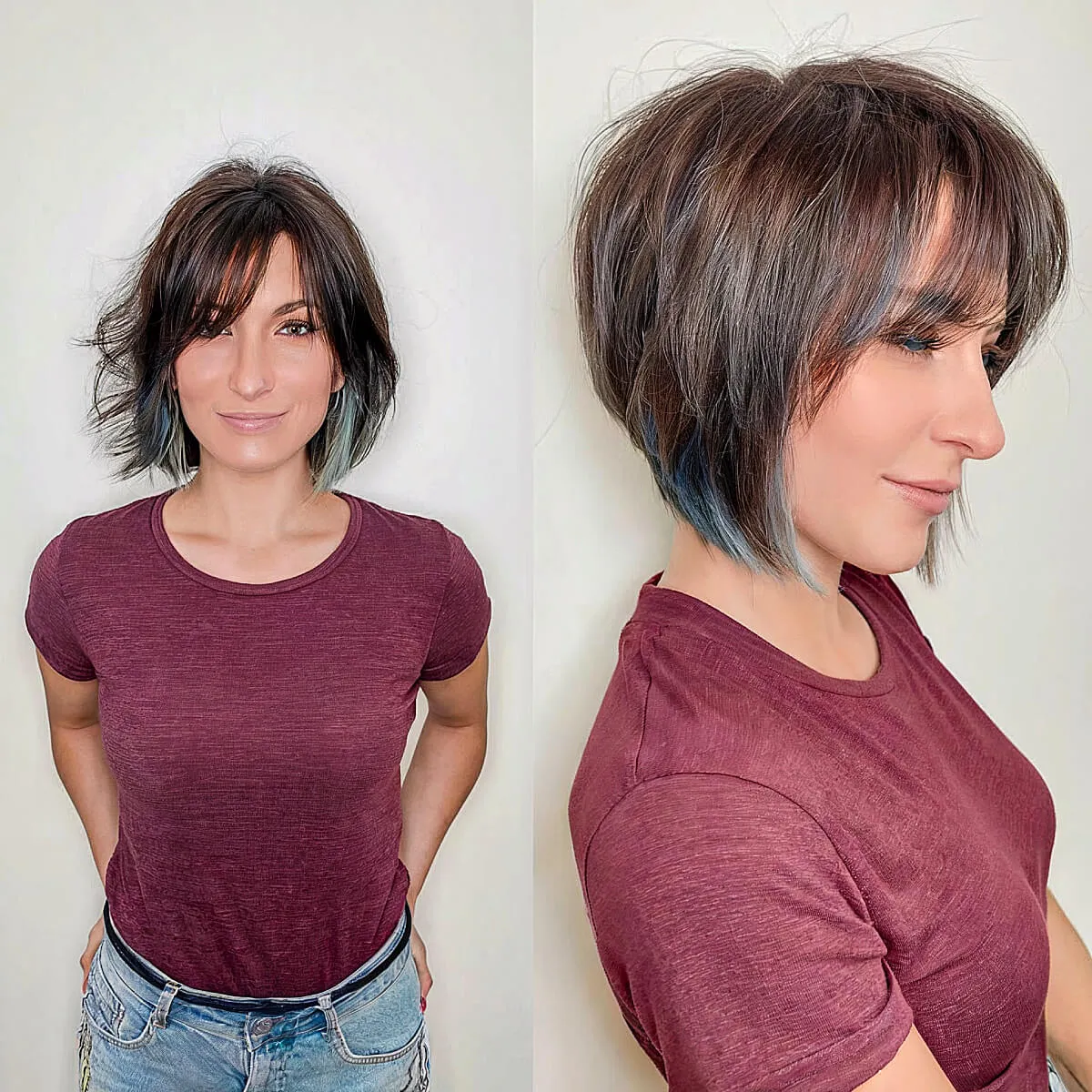 Layered Angled Bob with Soft Bangs and Purple Underlights