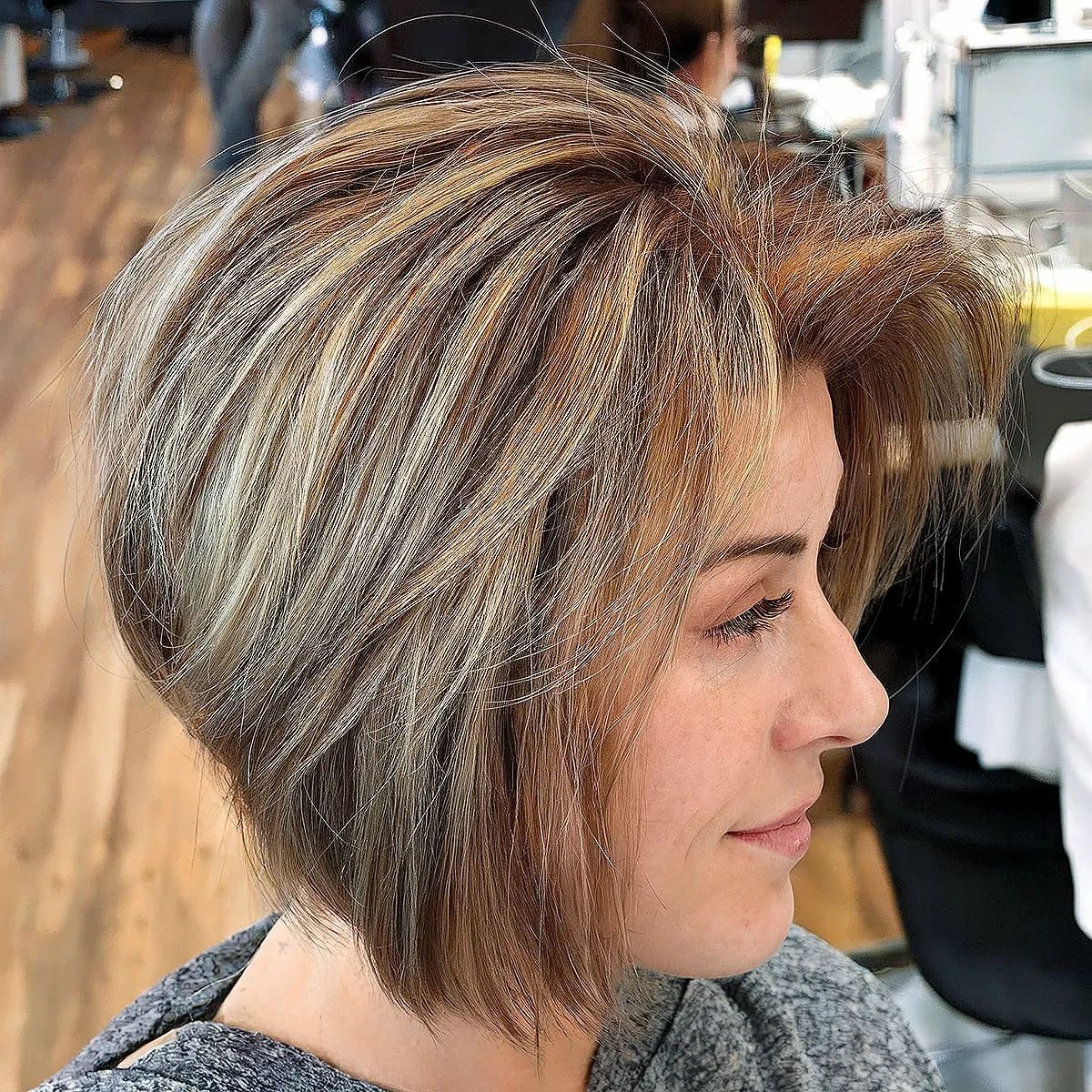 Layered Bob with Balayage Highlights for older ladies with fine hair