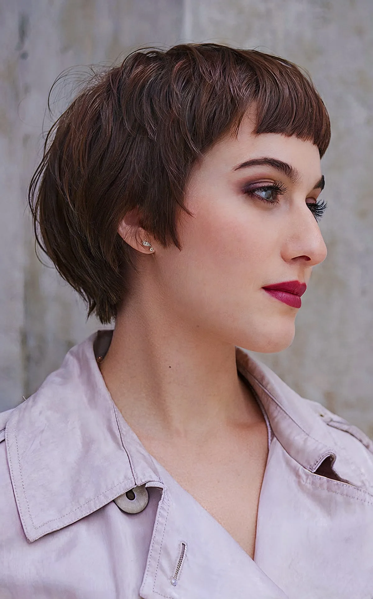 Trendy Layered Brunette Bob with Bold Micro Bangs