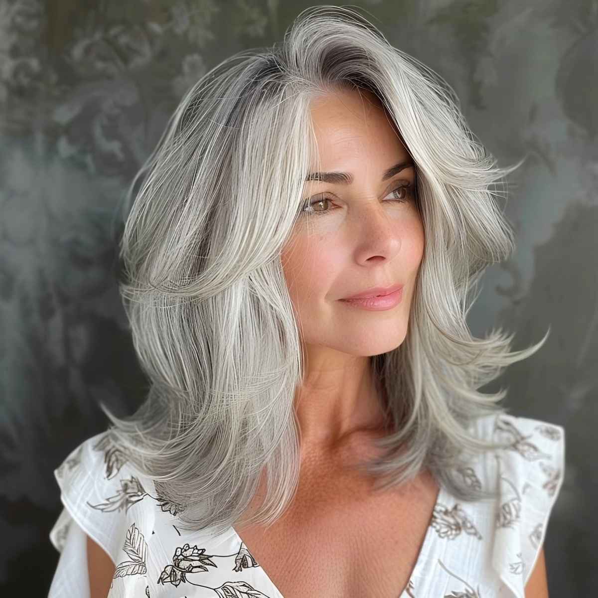 Layered lob hairstyle for women over 50 with voluminous hair