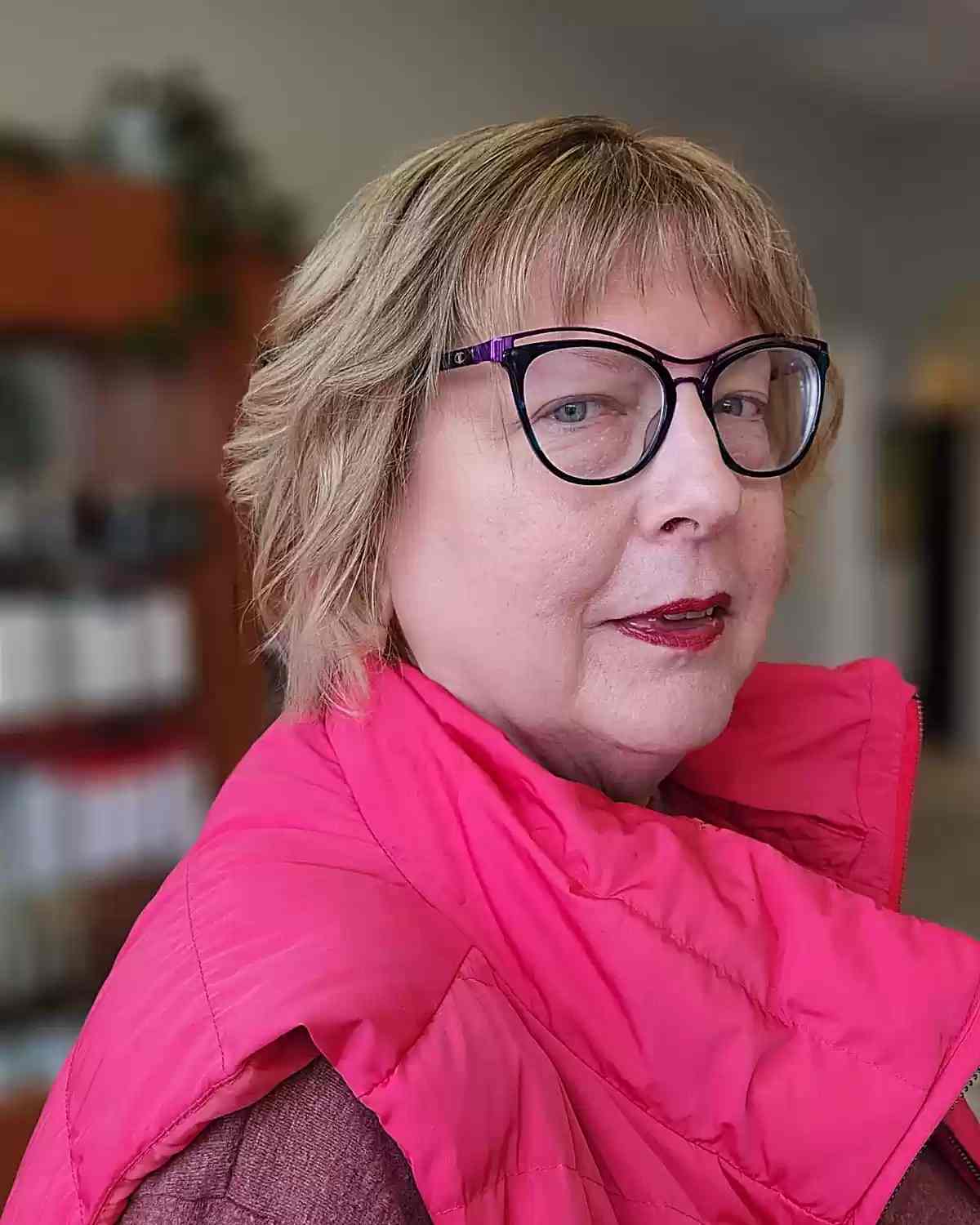 Layered Stacked Bob with Soft Bangs on Women Over 60 with Glasses and Rounder Faces