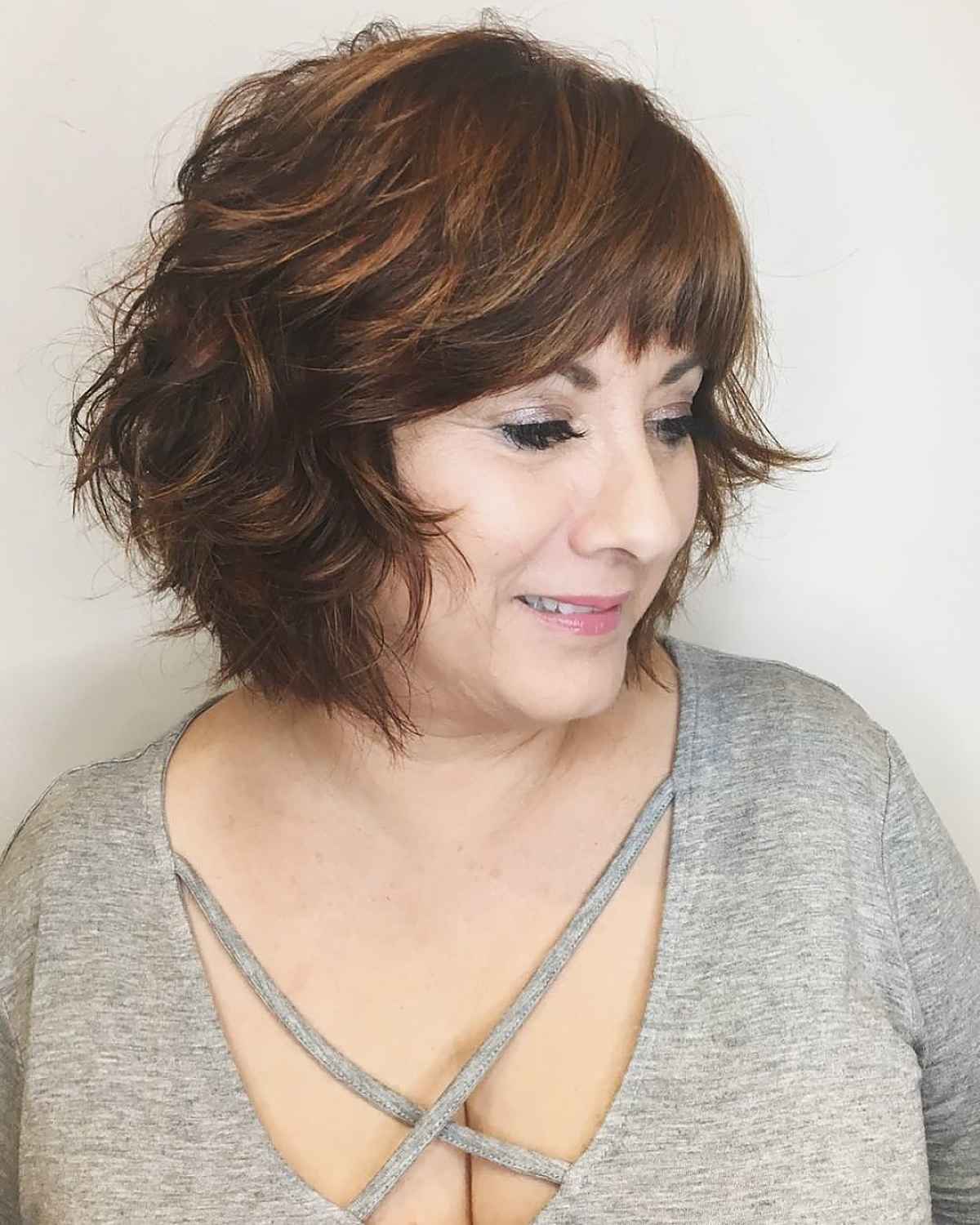 Layered Wavy Bob with Textured Bangs for Women Over 50