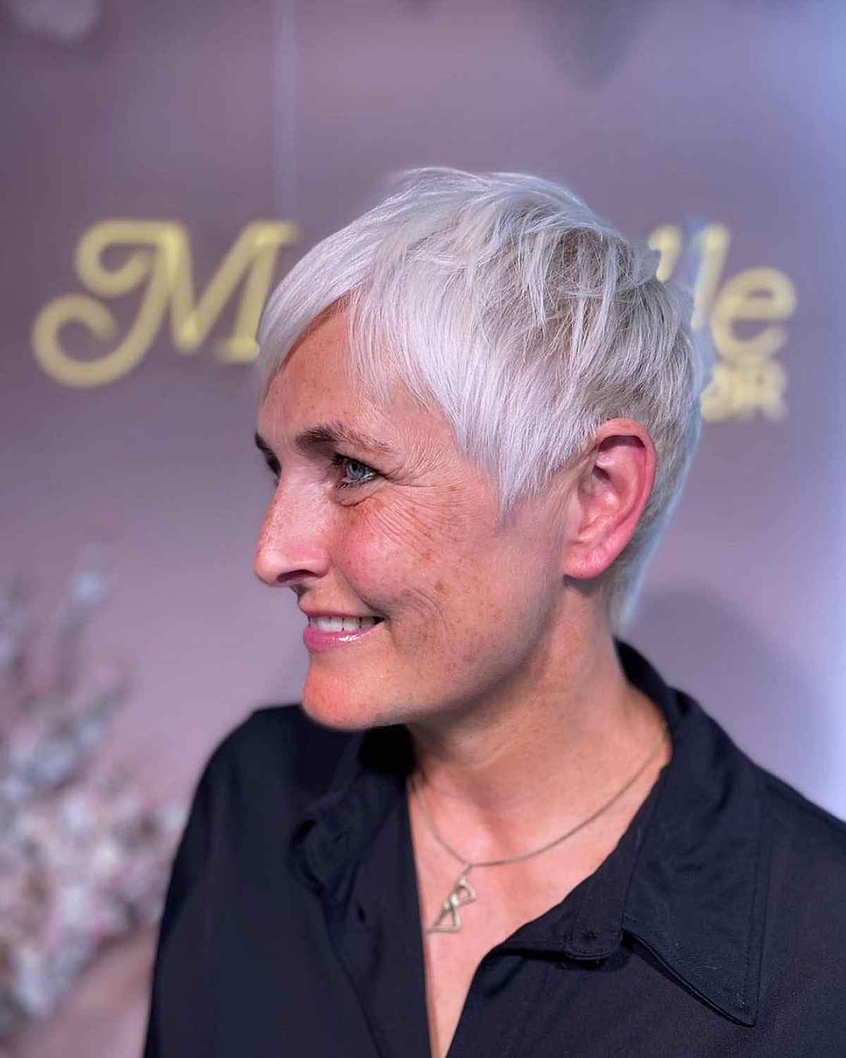 Light Platinum Pixie with Textured Layers for Women Over 50 with Fine Hair