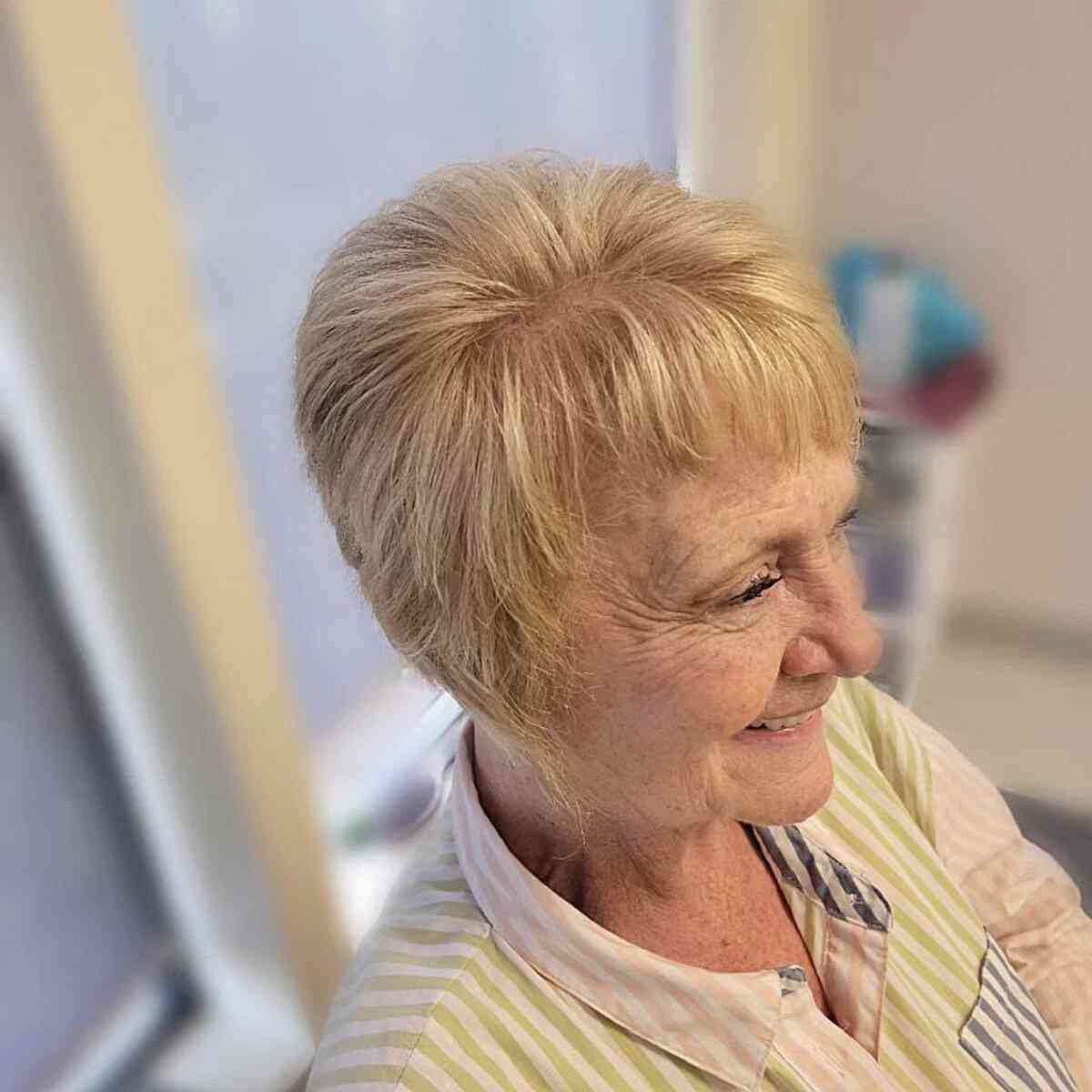 Lixie Hairstyle Featuring Asymmetrical Bangs for 70-year-olds