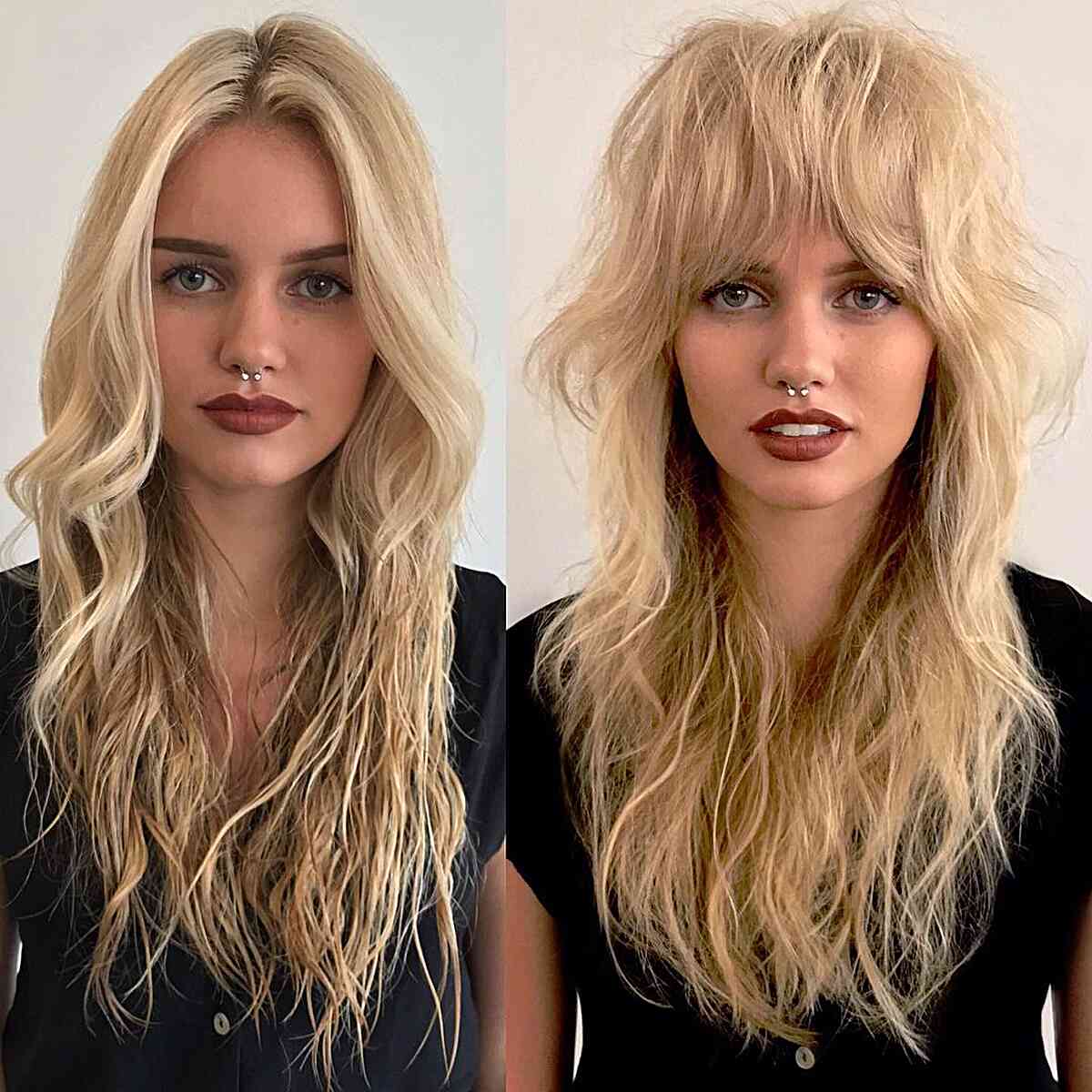 Long Blonde Shag with Bangs featuring texture and effortless waves