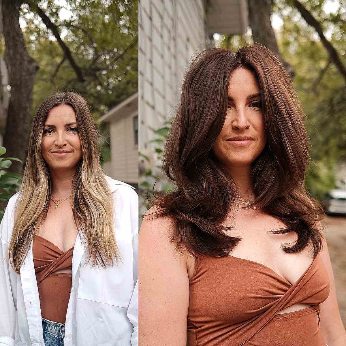 Long Brown Straight Hairstyle with a Middle Part