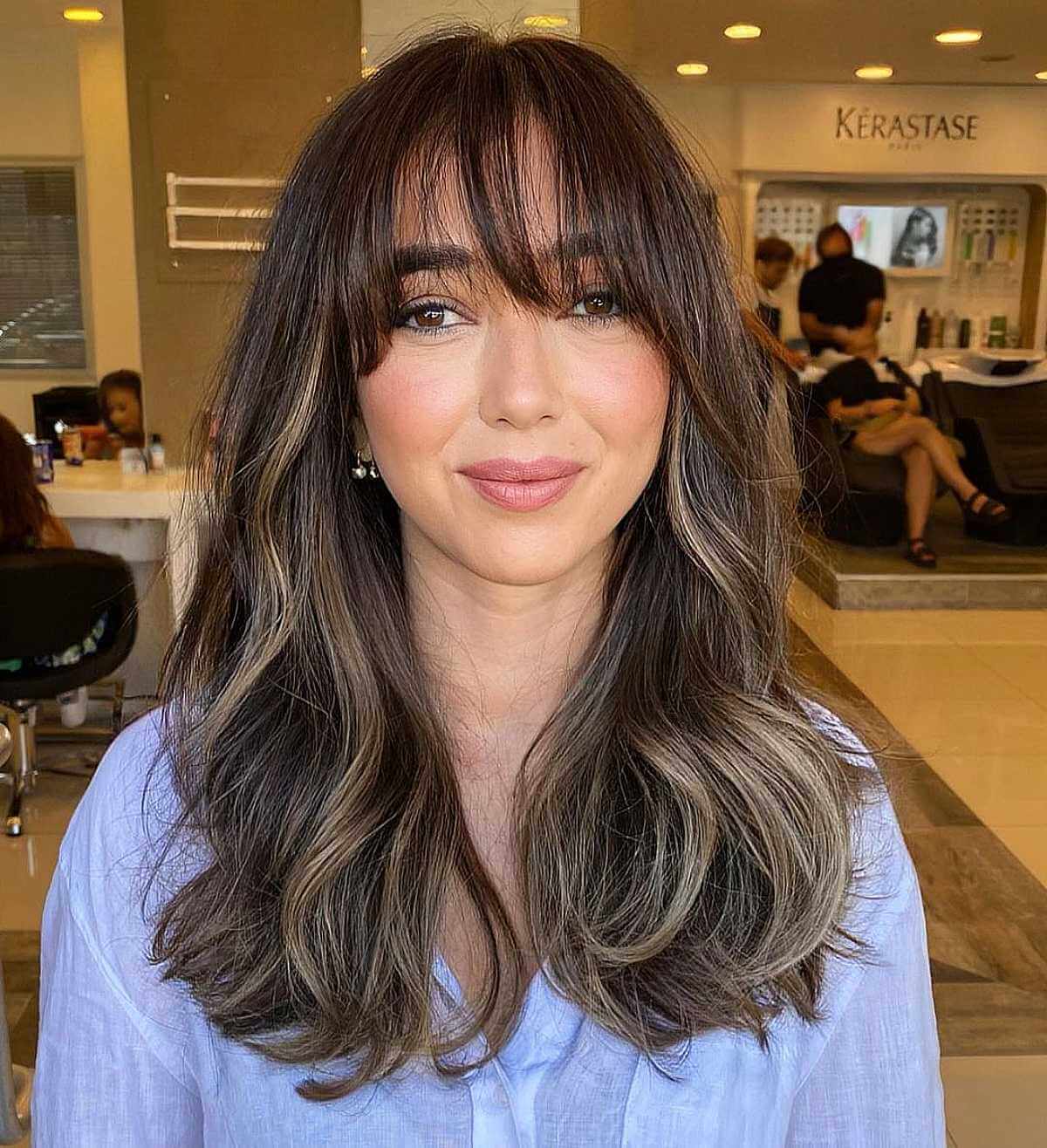 Wispy Bangs and Brunette Balayage on Long Hair