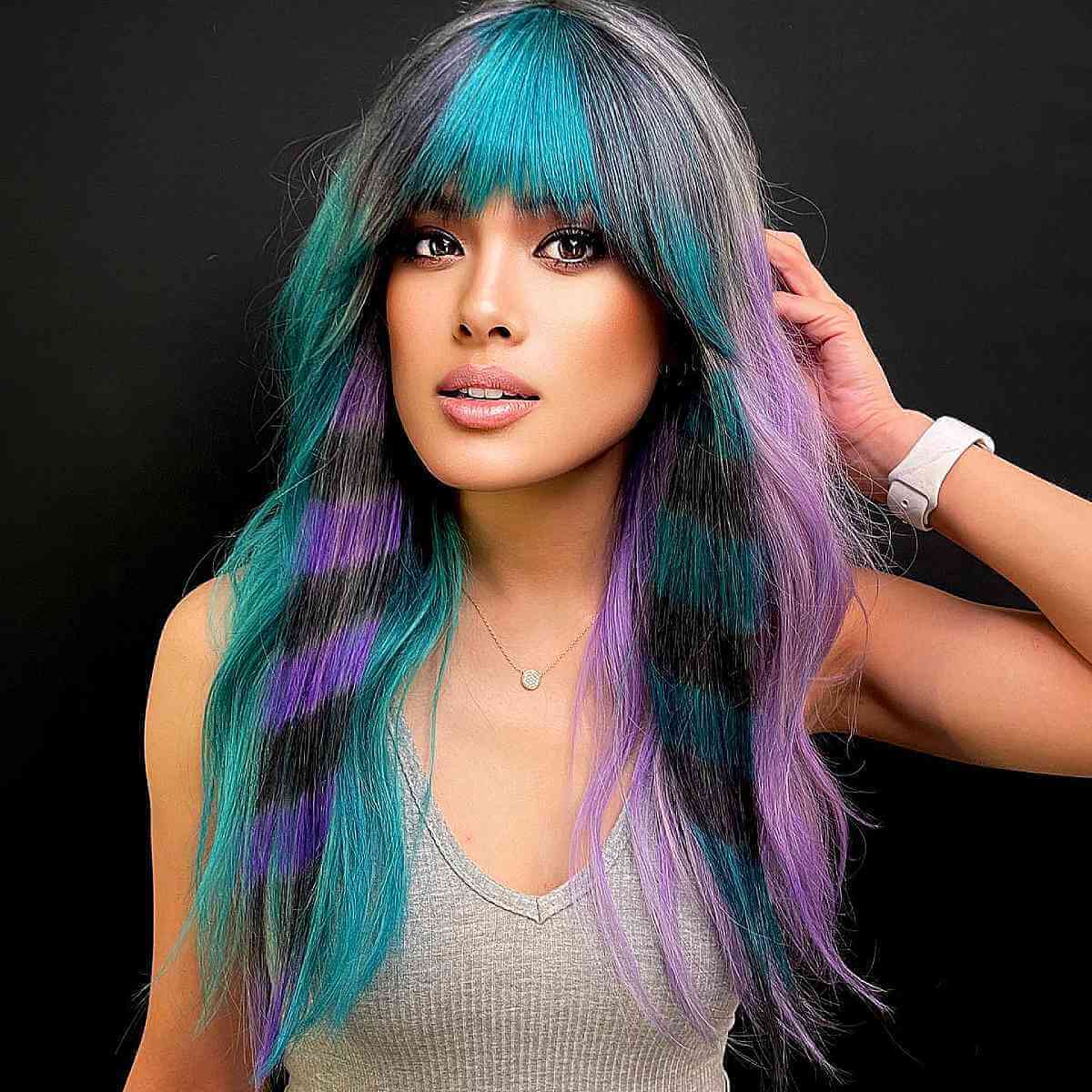 Long Hair with Teal, Purple, and Black Highlights