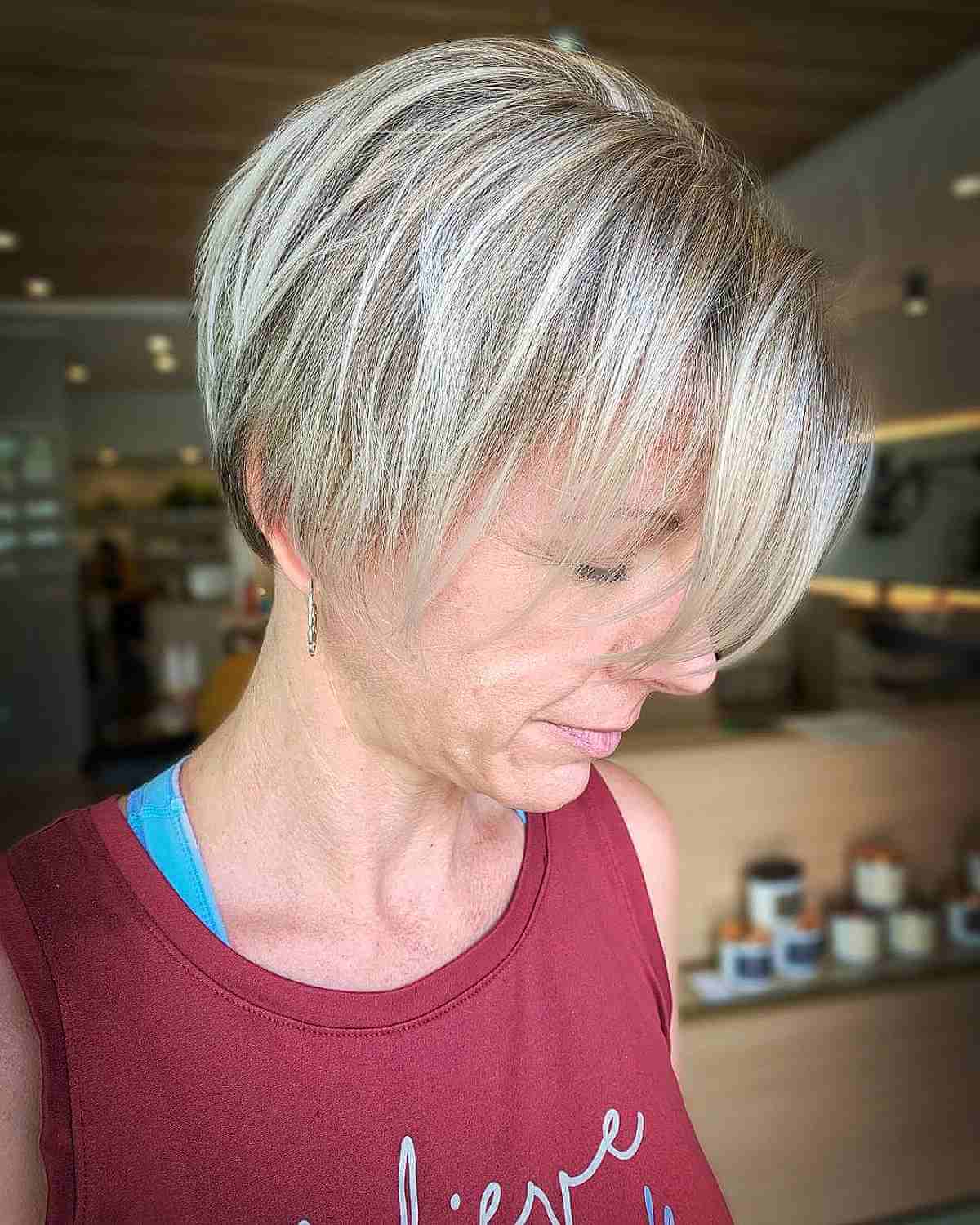Long Pixie Hair with Platinum Blonde Highlights for Women in Their 40s