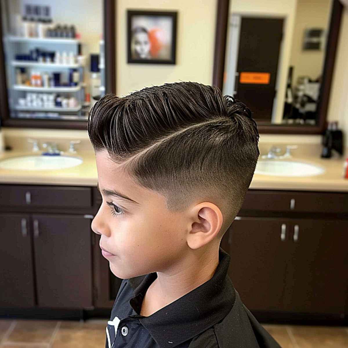 A low fade haircut featuring a surgical line perfect for boys
