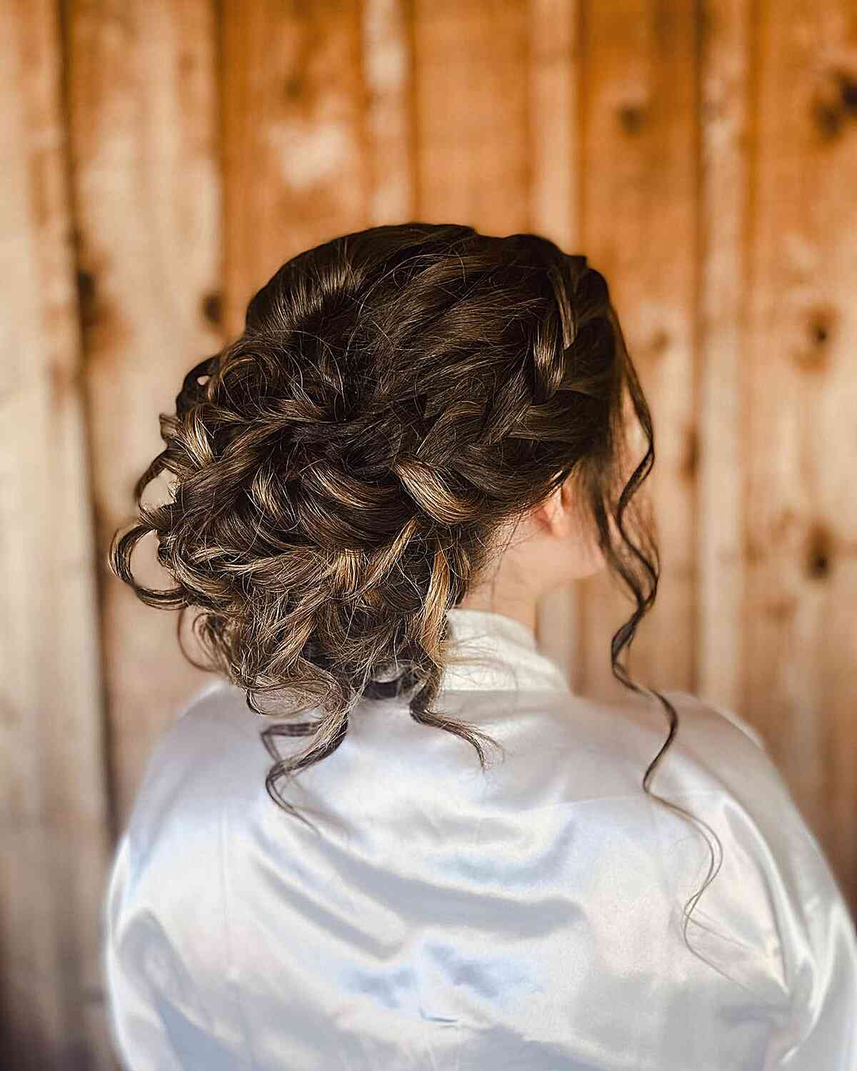 Elegantly Styled Bohemian Updo with Loose Curls on Long Brown Hair