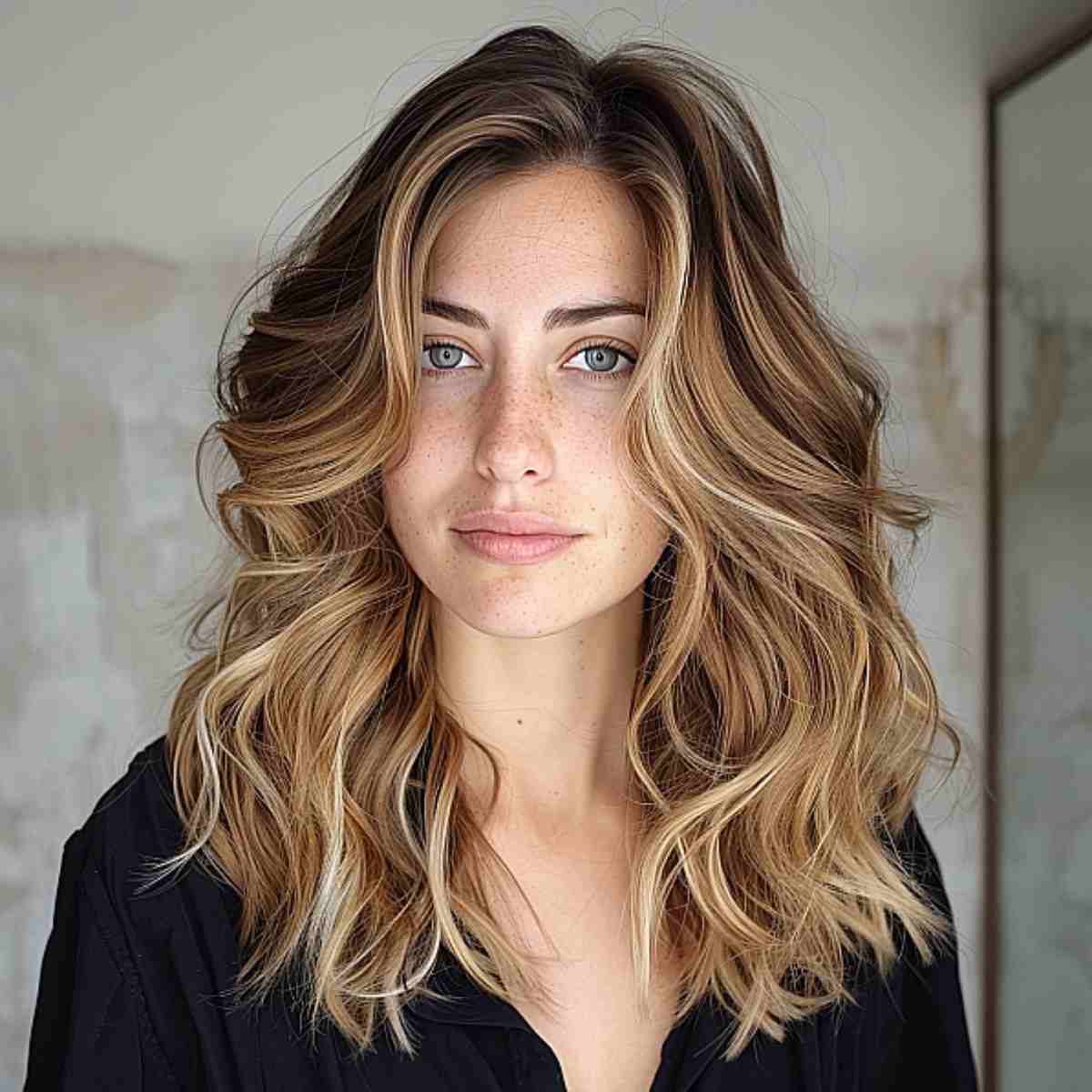 Lovely Honey Balayage on Side-Parted Mid-Length Hair for Square Face Shapes