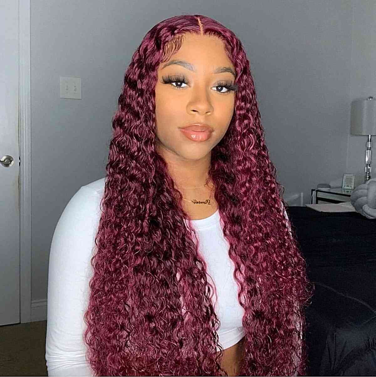 Long Lustrous Burgundy Deep Wave Wig on Black Women