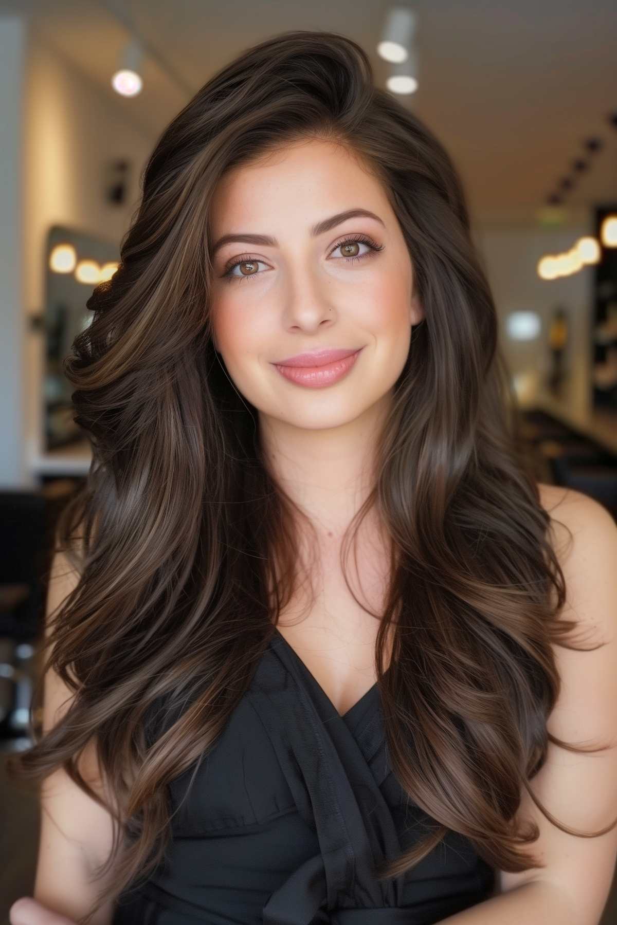 Woman showcasing a luxurious blowout hairstyle with gentle layers
