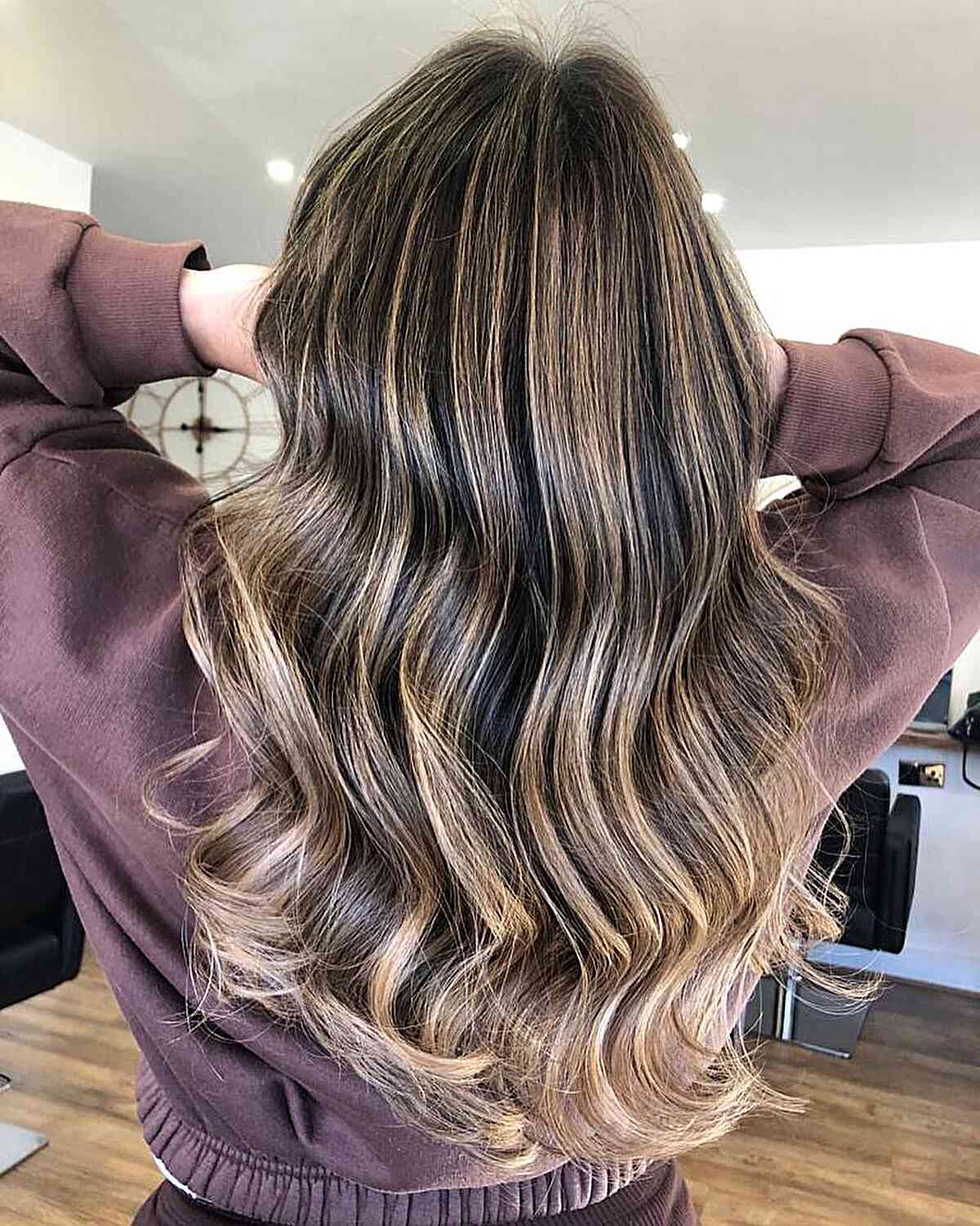 Luxurious Iced Mocha Hair Blonde Balayage Color for Dark Long Layered Cut
