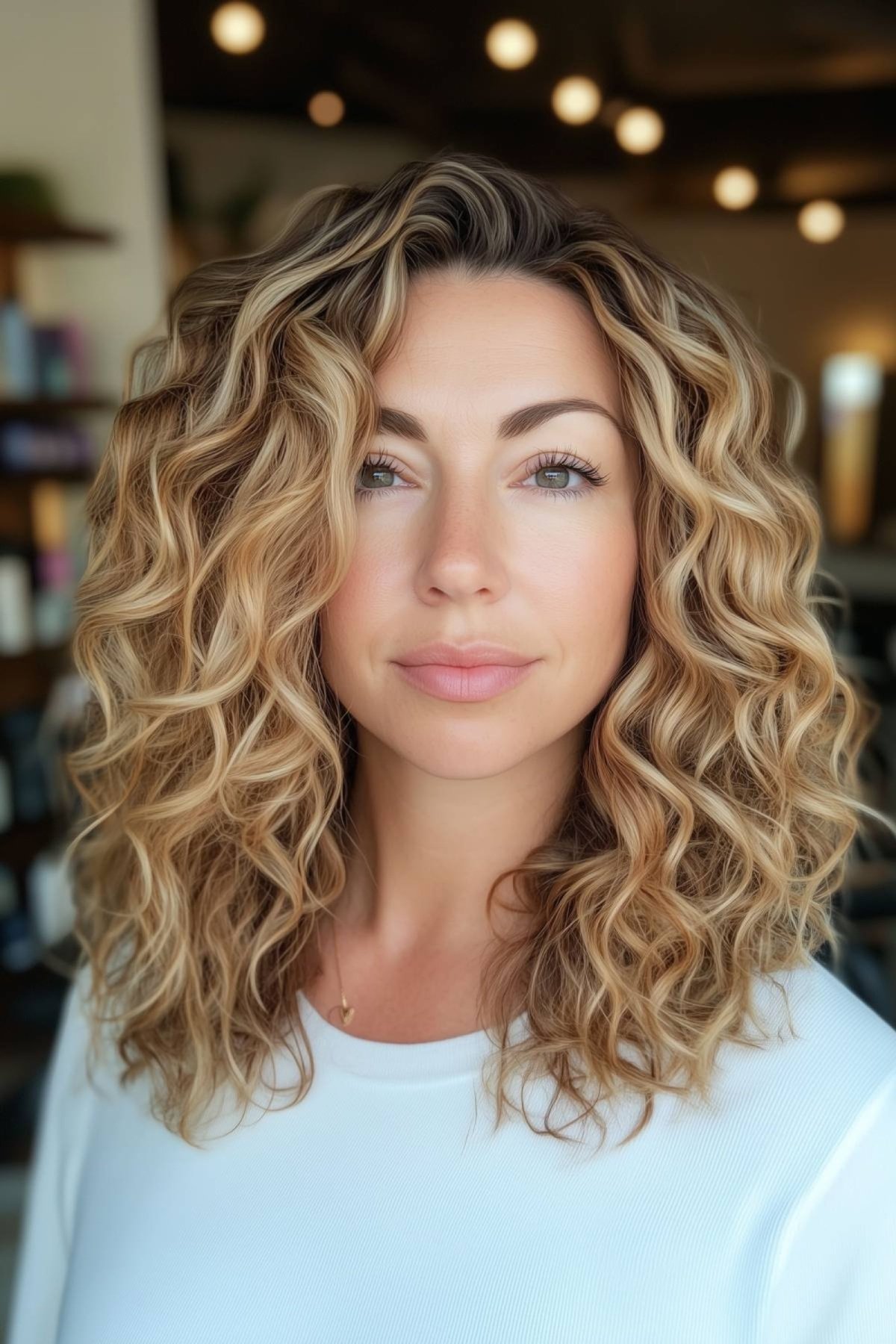 Blonde balayage highlights for medium curly hair