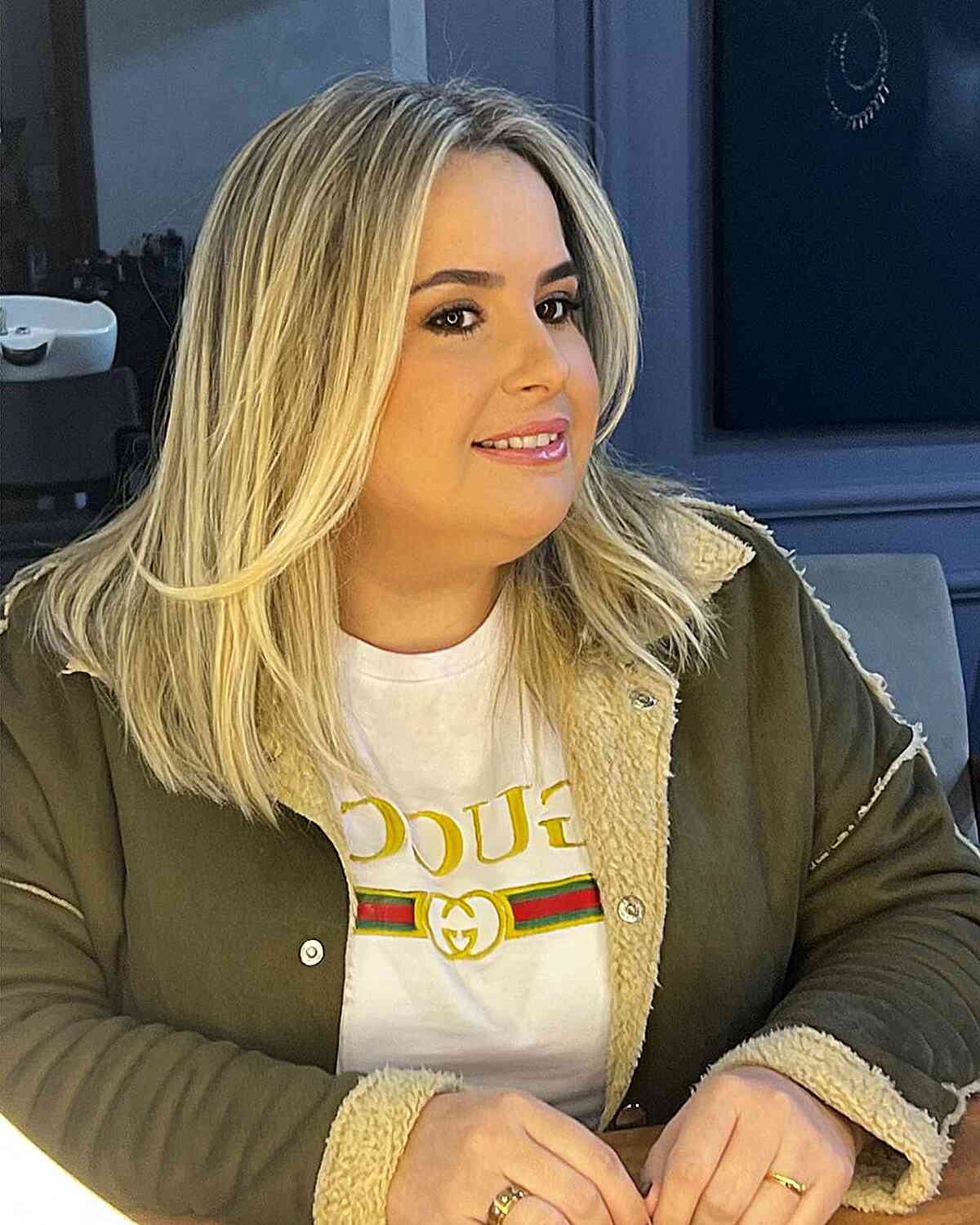 Medium-Length Blonde Hair with a Center Part for Double Chins