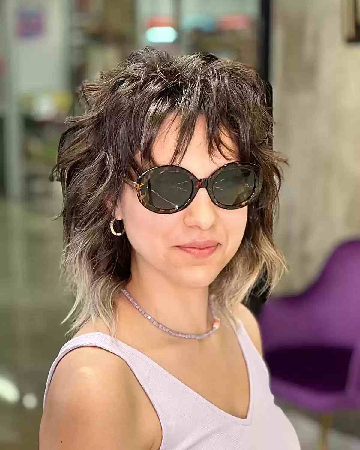 Medium-Length Brunette Shag with Blonde Highlights