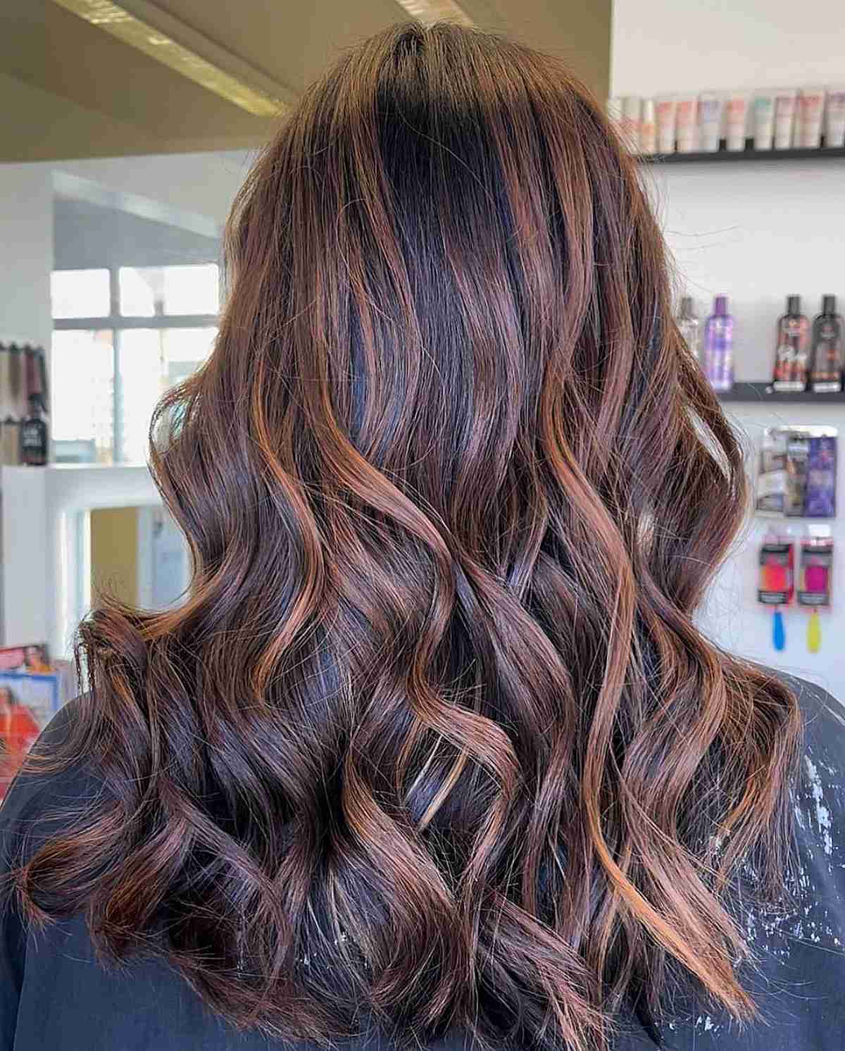 Brown Mid-Length Hair with Auburn Caramel Balayage Highlights