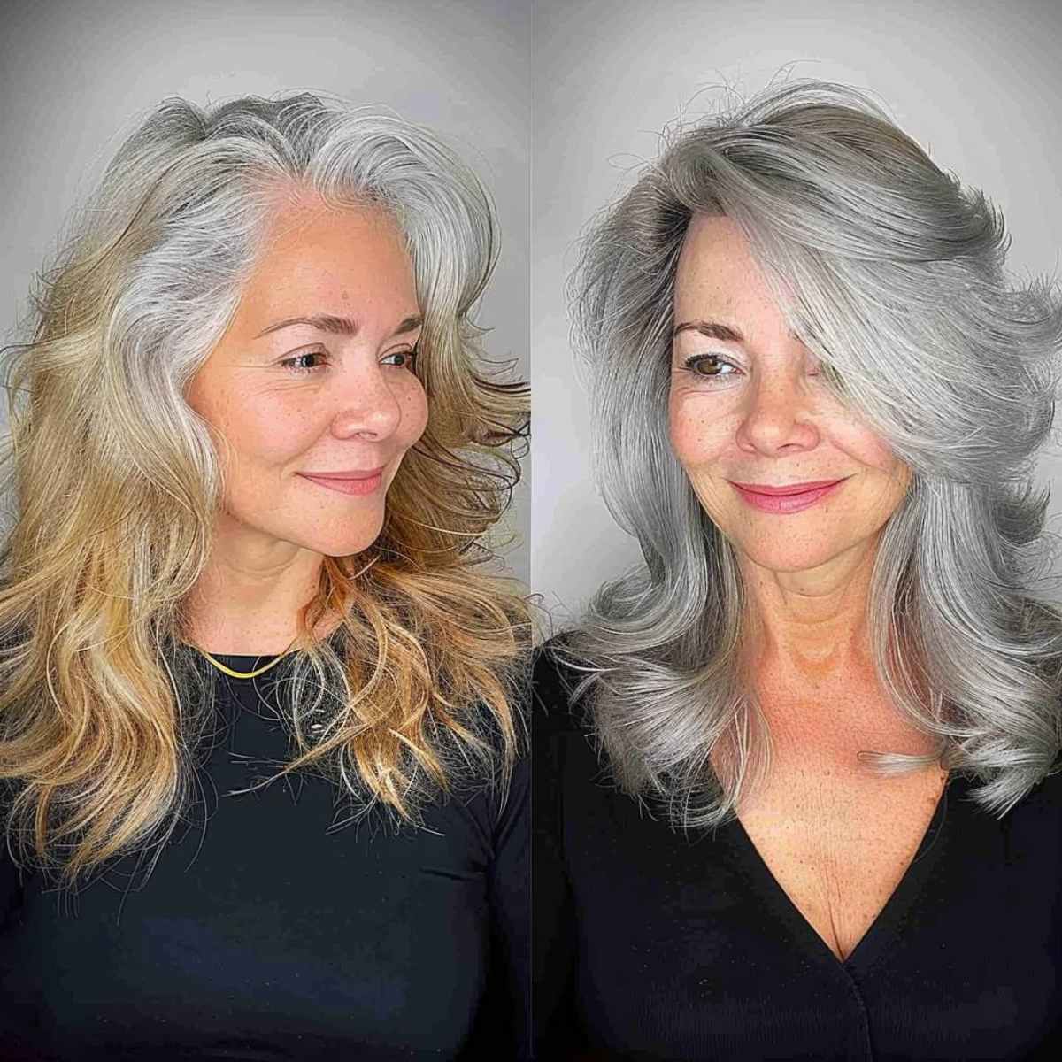 Medium-length hair makeover transitioning to silver blonde, showcasing before and after for a refined woman over fifty
