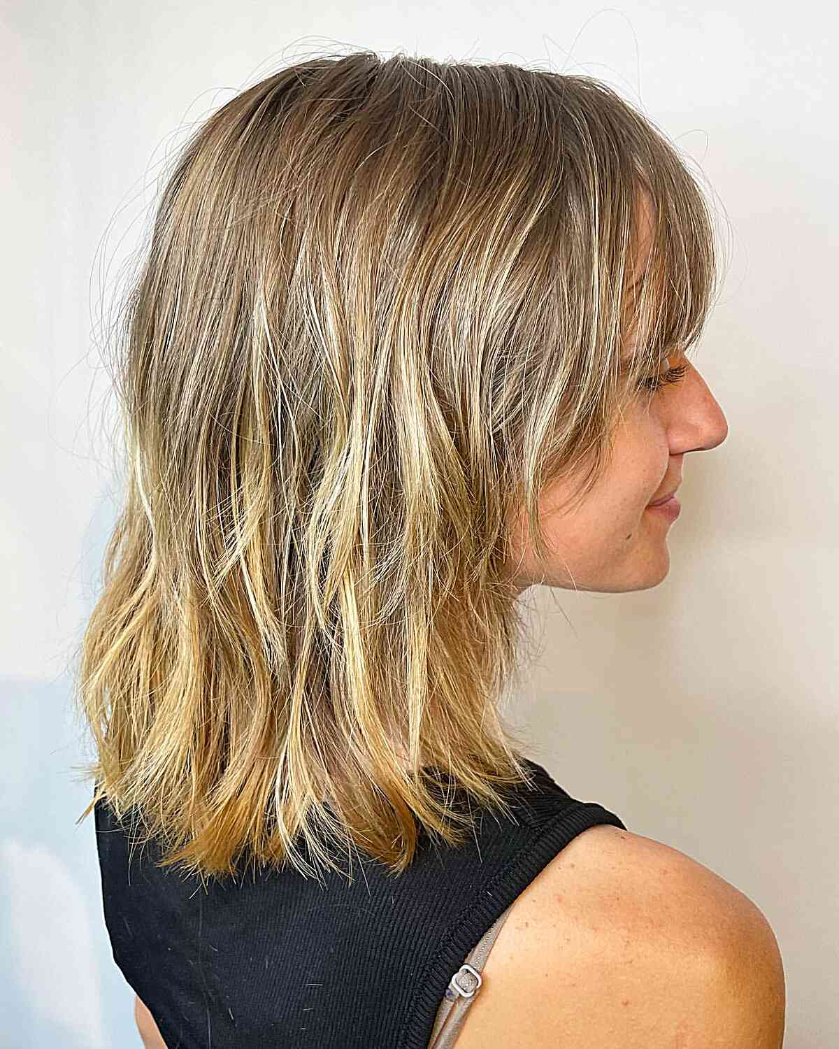 Medium Textured Shaggy Lob with Subtle Bangs for Ladies with Thin Hair